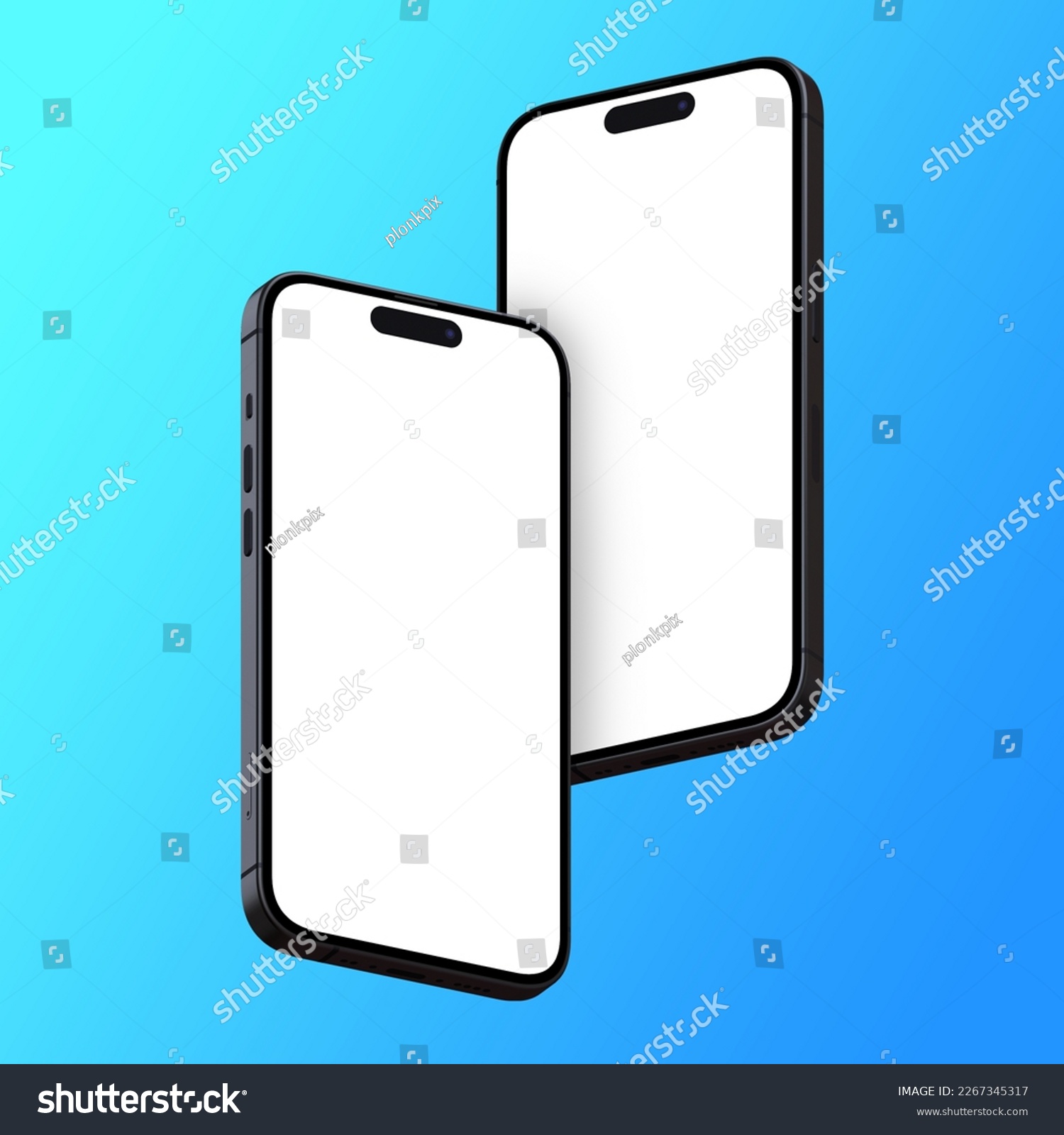 3d render two pair straight floating black smart phone white screen tech  mobile mockup blue gradient isolate background #2267345317