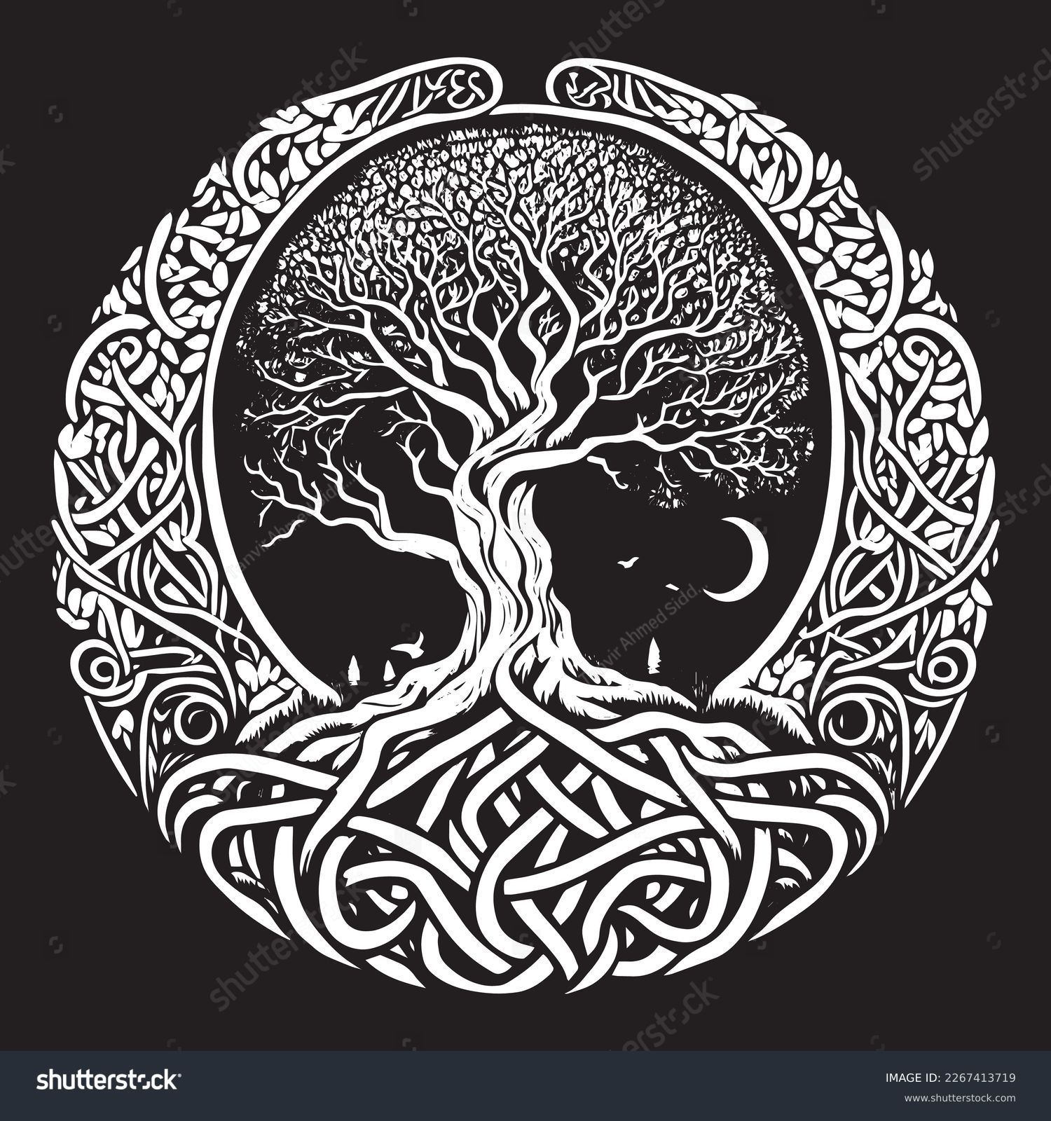 Celtic tree of life decorative Vector ornament, Graphic arts, dot work. Grunge vector illustration of the Scandinavian myths with Celtic culture. #2267413719