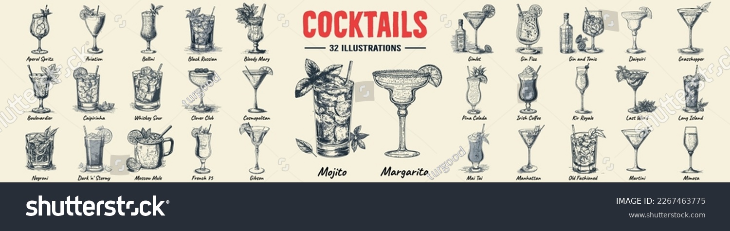 Alcoholic cocktails hand drawn vector illustration. Sketch set. Moscow mule, bloody mary, pina colada, mojito, margarita, daiquiri, Mimosa, long island iced tea, Bellini, margarita. #2267463775