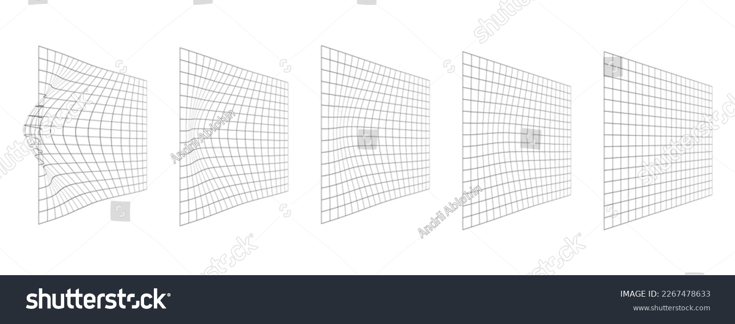 Process of grid distortion. Set of mesh warped textures. Net with convex effect. Geometric deformation. Gravity phenomenon. Bented lattice surface. Vector graphic illustration #2267478633