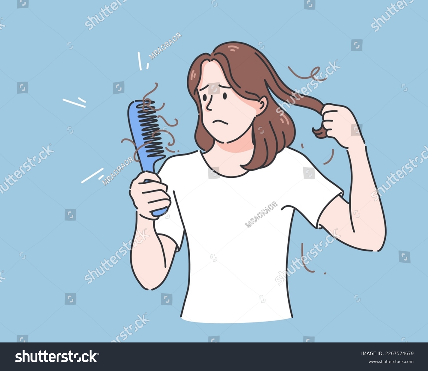 Woman holding comb with serious hair loss problem for health care shampoo and beauty product concep, vector illustration #2267574679