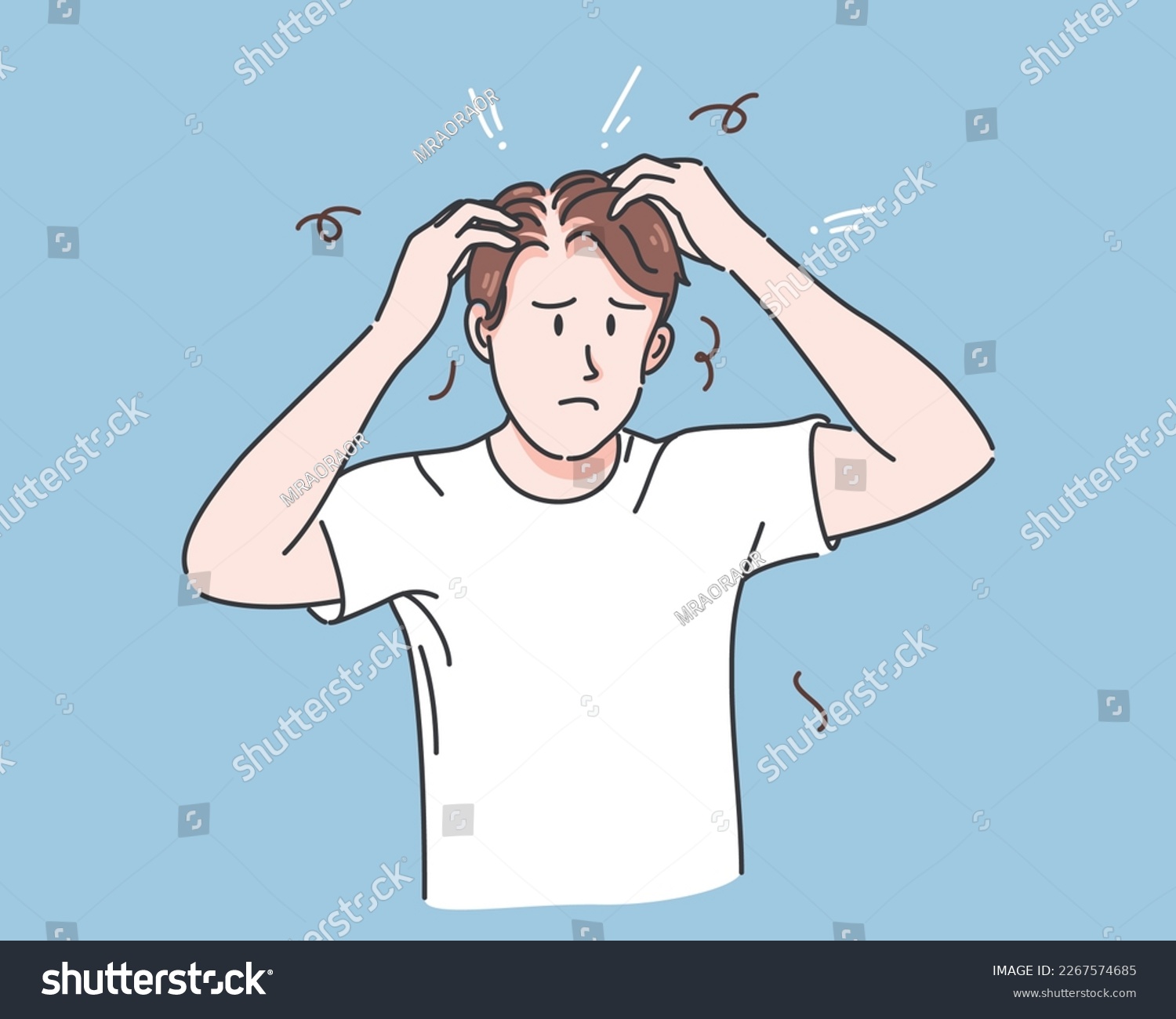 Man hand holding on head with serious hair loss and thin hair problem for health care shampoo and beauty product concept, vector illustration #2267574685