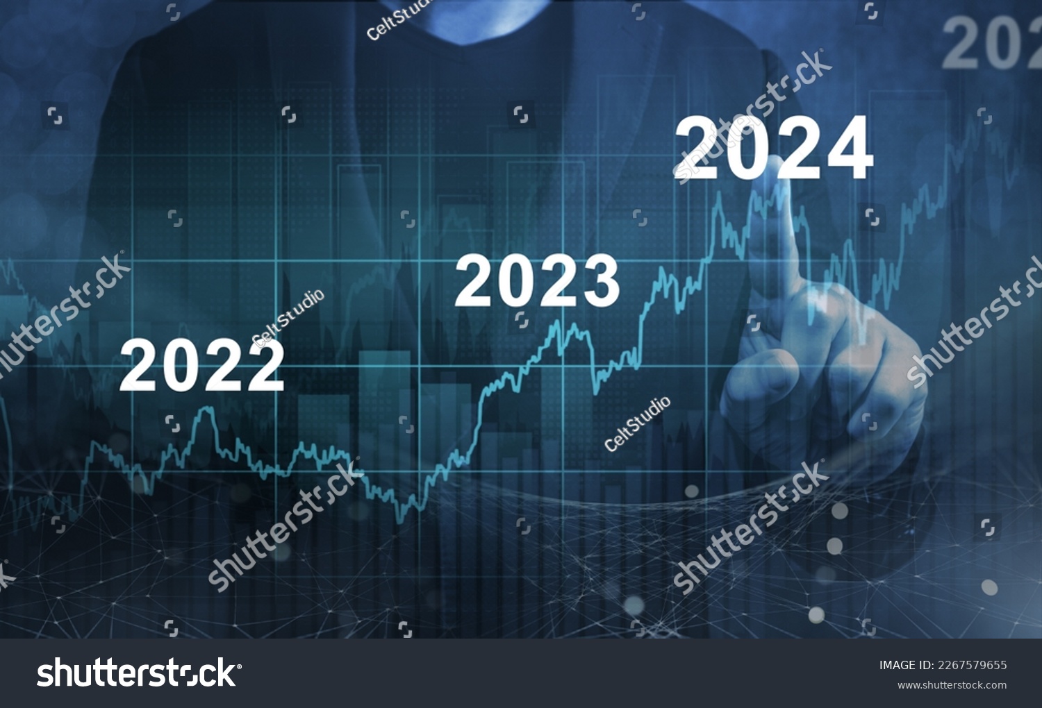 economic recovery after falling due to inflation, stagnation, recession, 2024 financial chart. Businessman pointing graph of future growth on dark blue background #2267579655