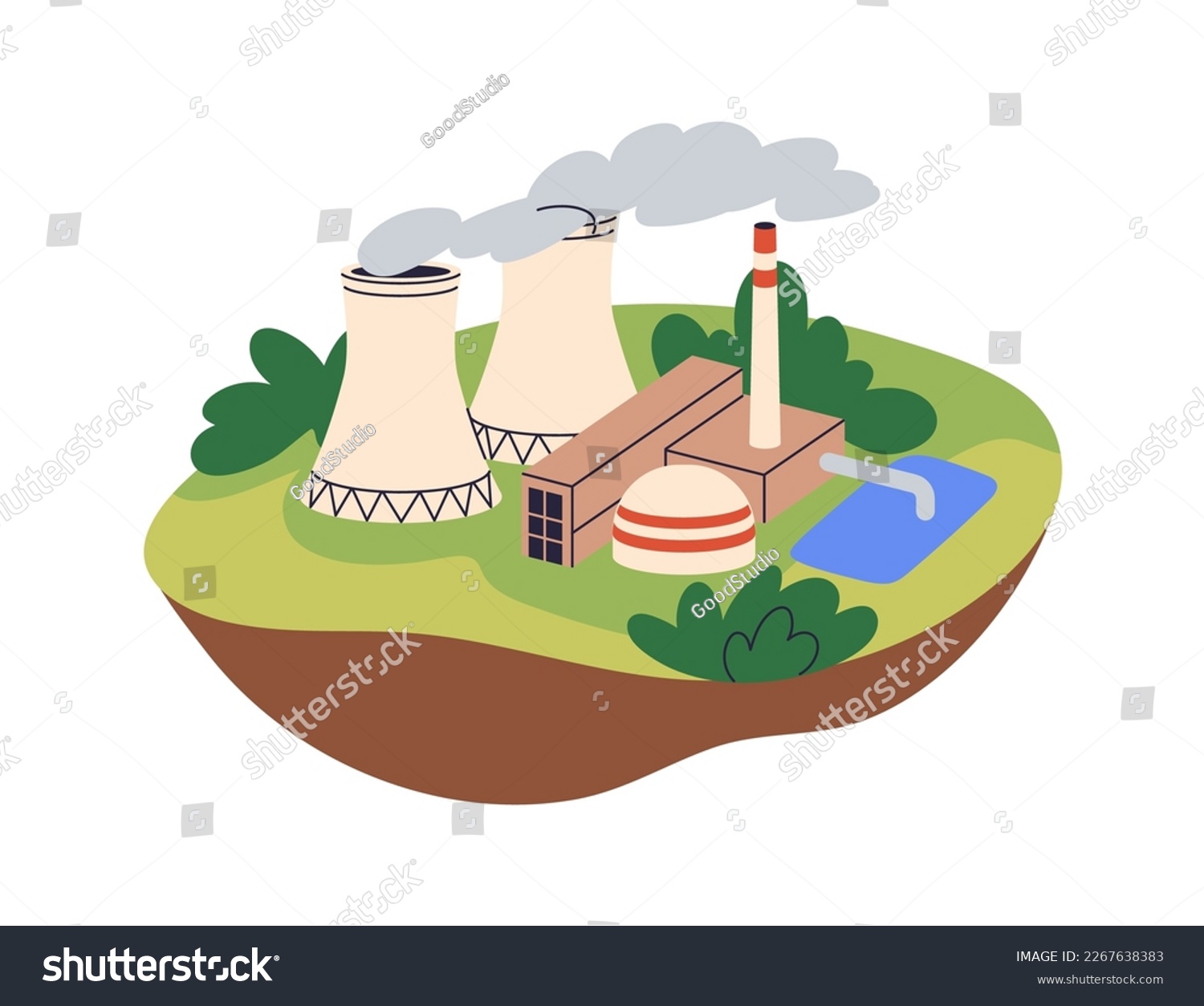 Nuclear power plant. Electric energy station. Atom industry for electricity generation. Industrial structure, building, powerhouse. Flat graphic vector illustration isolated on white background #2267638383