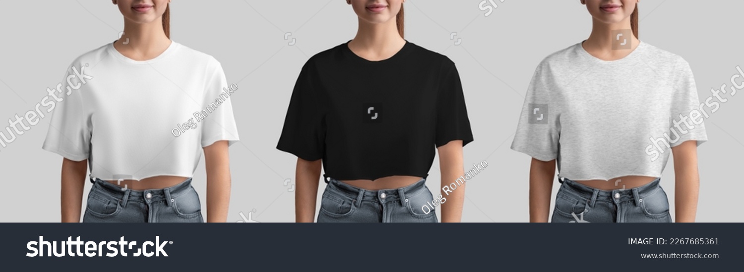 Mockup of white, black, heather crop top on beautiful girl in jeans, fashion clothes for design, print, front. Set of free cut t-shirts, women's clothing isolated on background. Template texture wear #2267685361