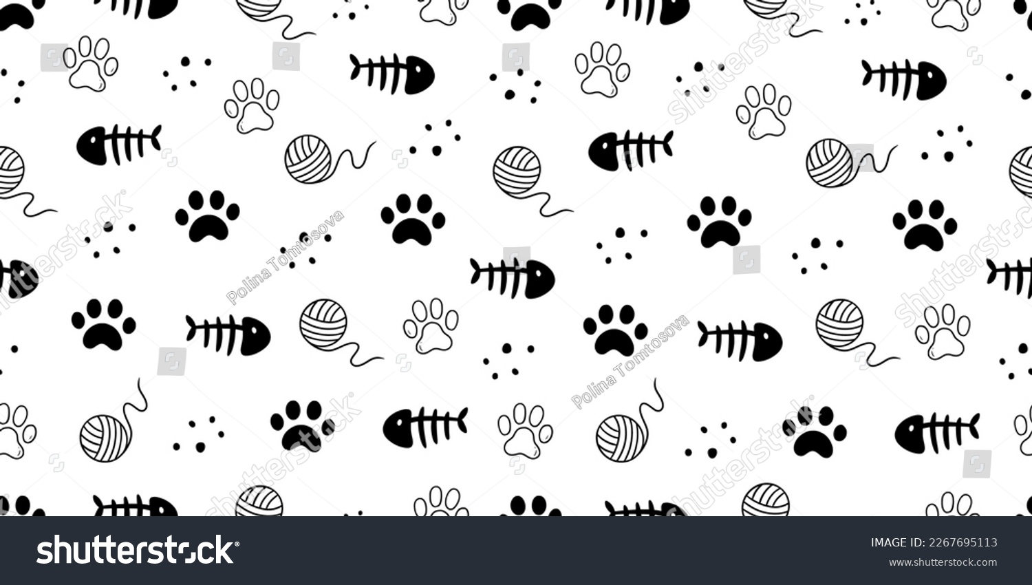 Cat toy, fooprint pattern seamless. Hand drawn sketch doodle kitty cute element on white background. Fish bone, footprint, cat toy element. Pet veterinary pattern. Vector illustration. #2267695113