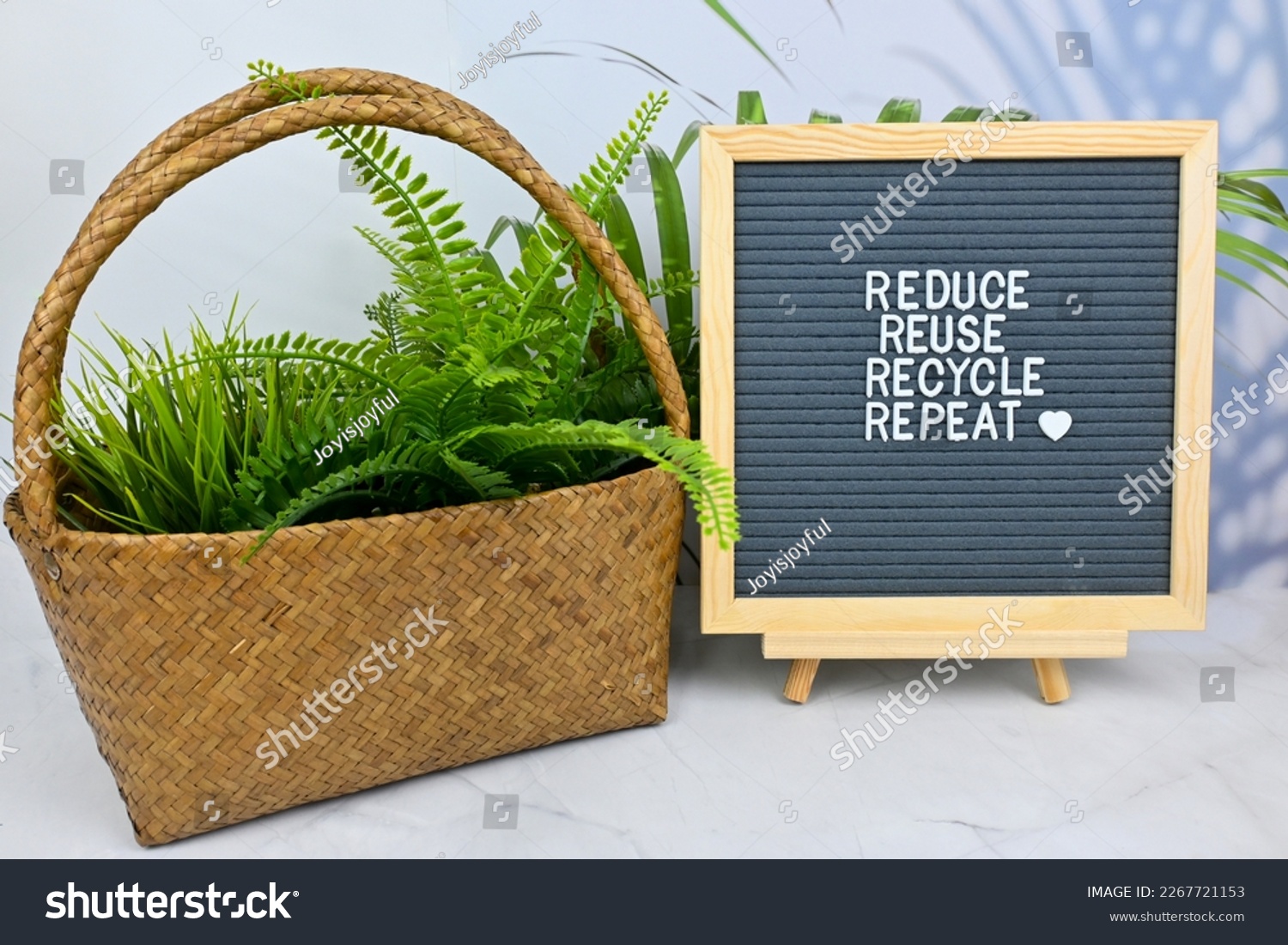Letter board with quote Reduce Reuse Recycle, repeat and tree in basket. Environmental sustainable eco friendly, Zero waste healthy lifestyle concept #2267721153