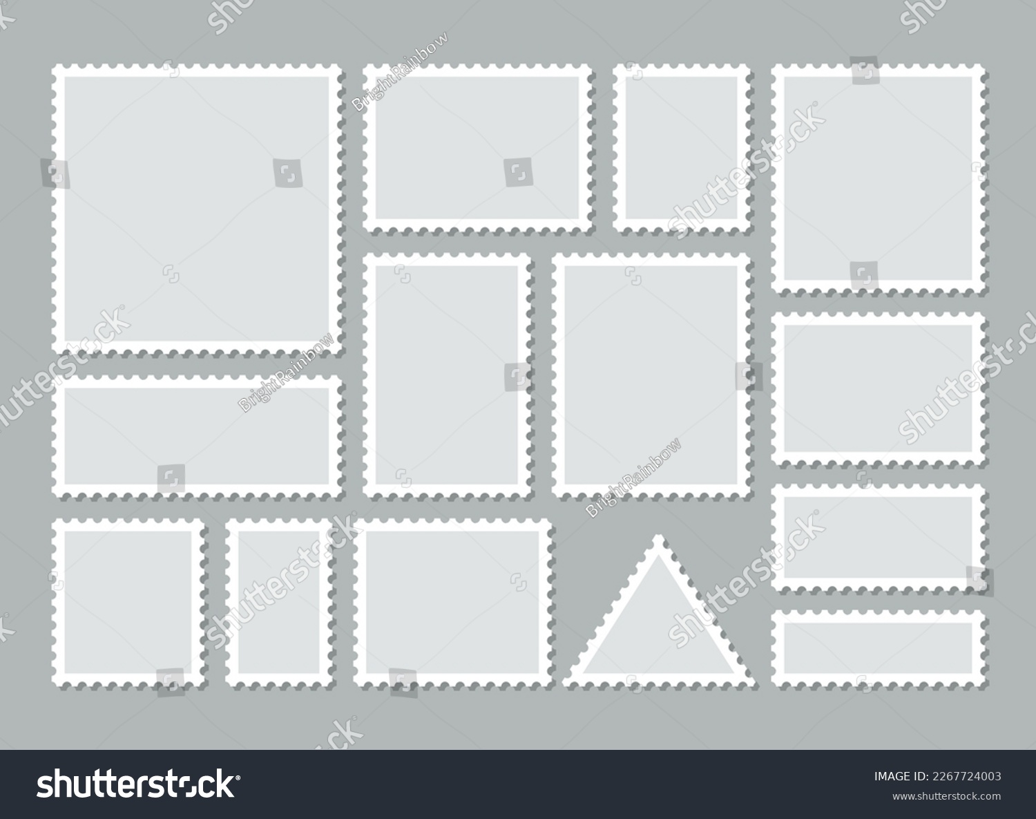 Post stamps. Empty stamps set. Postal shapes border. Blank frames for mail letter. Postage perforated templates. Collection paper postmarks isolated on background. Vector illustration. Flat design. #2267724003