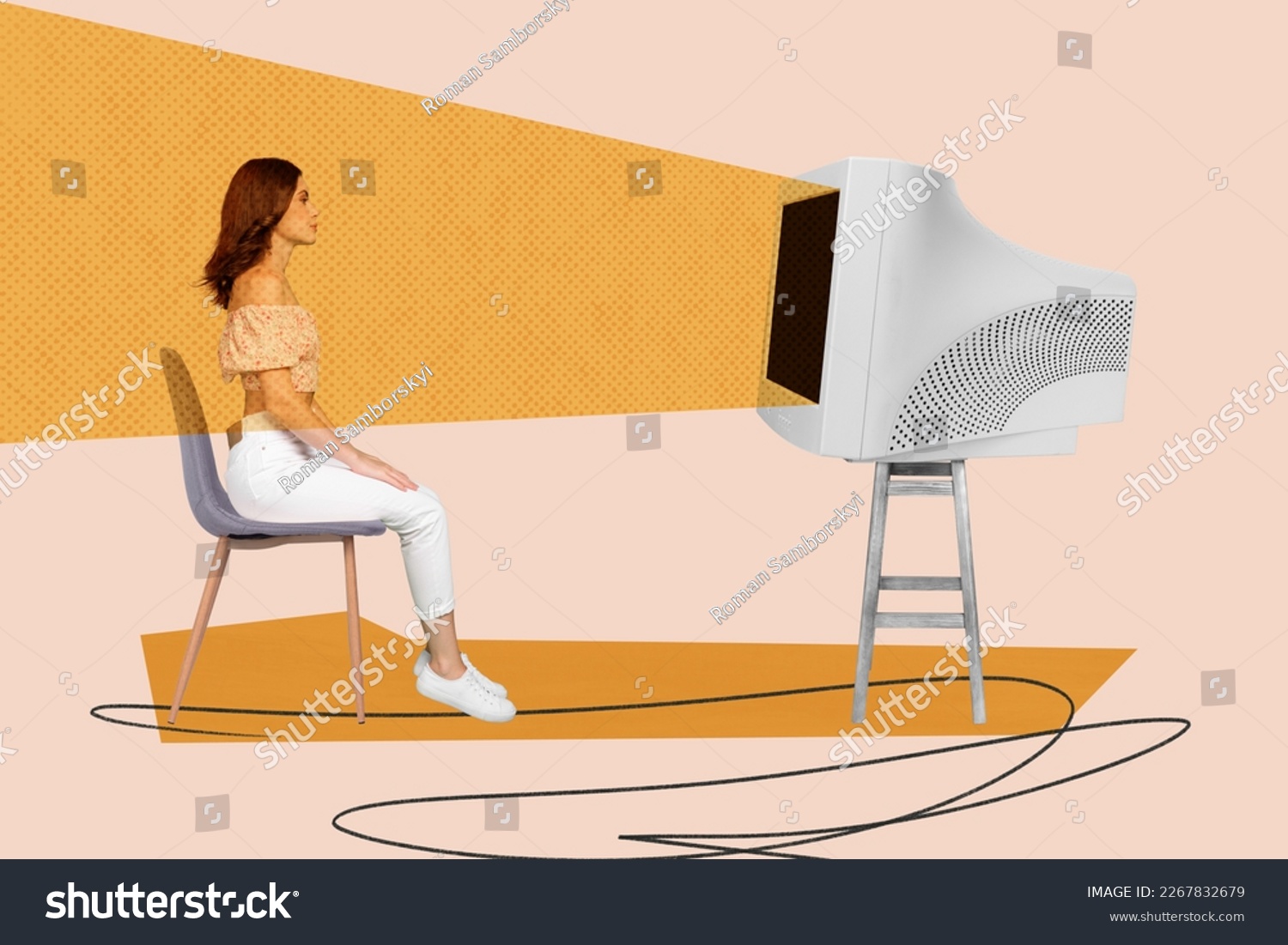Photo cartoon comics sketch collage picture of addicted lady watching vintage tv isolated drawing background #2267832679