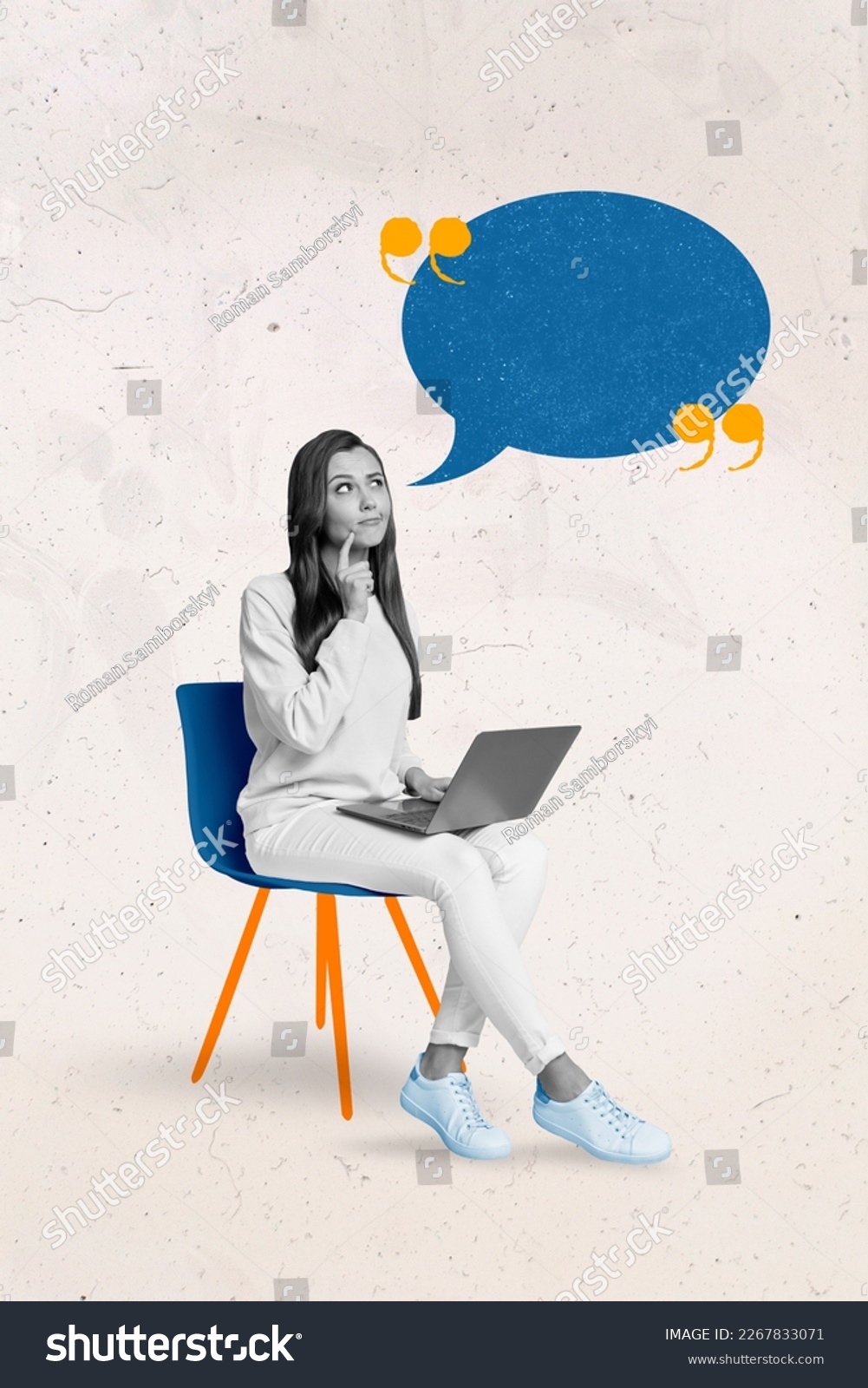 Photo poster of smart minded girl brainstorming creative ideas phrase chatterbox deep think while online conference laptop isolated white background #2267833071