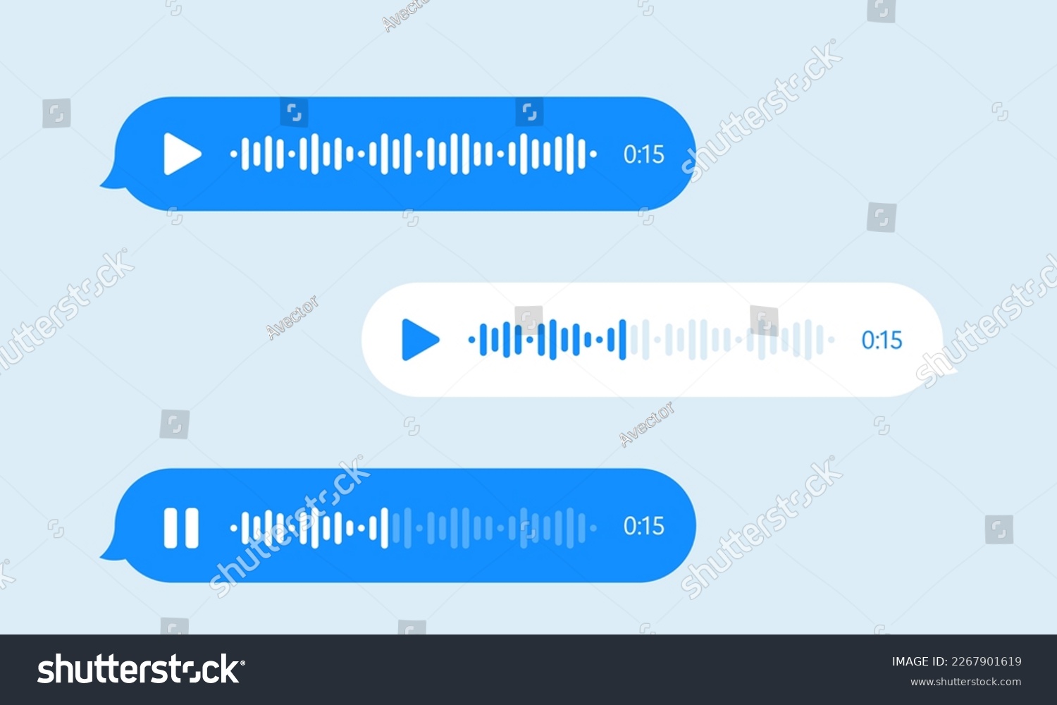 Voice message bubble, audio chat or messenger interface, vector UI UX. Voice message bubbles, chat audio record play records for mobile phone messenger #2267901619
