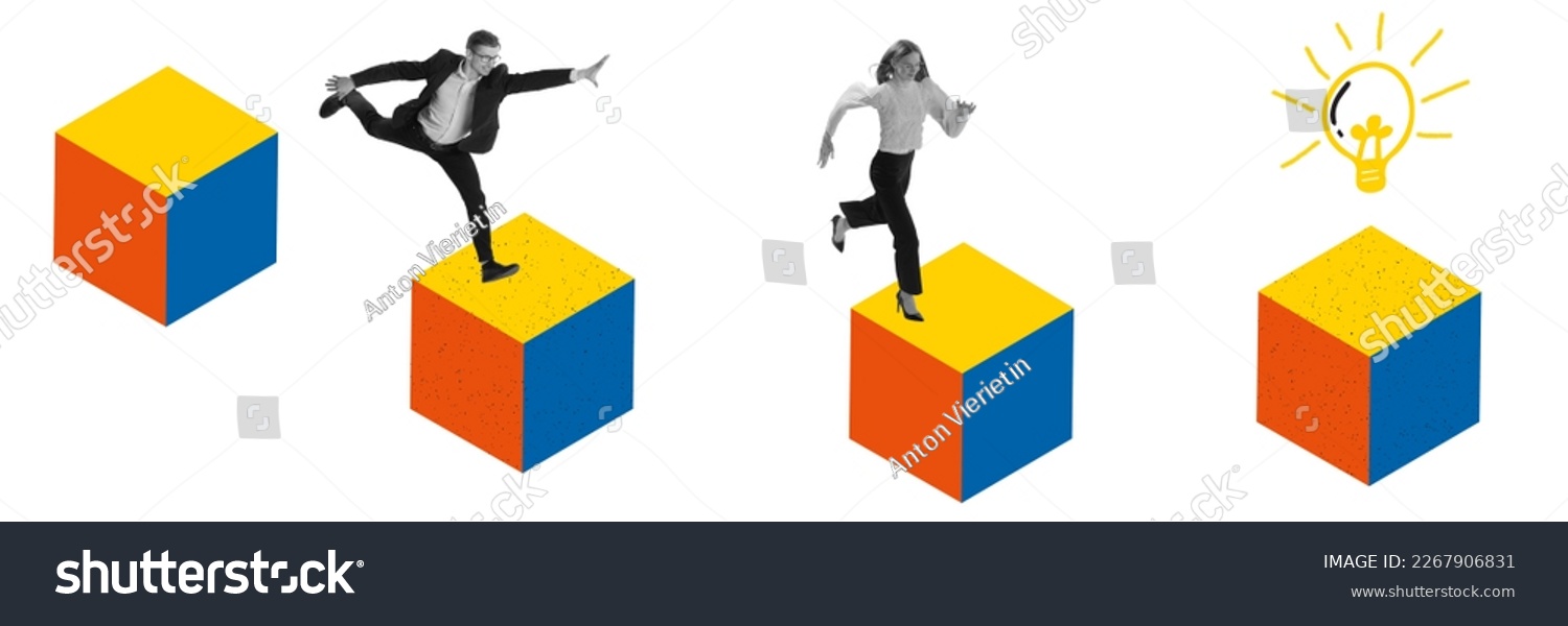 Creative design. Contemporary isometric art collage. Motivated and concentrated employees running on sales cube. Professional growth and promotion. Concept of business, career development, success, ad #2267906831