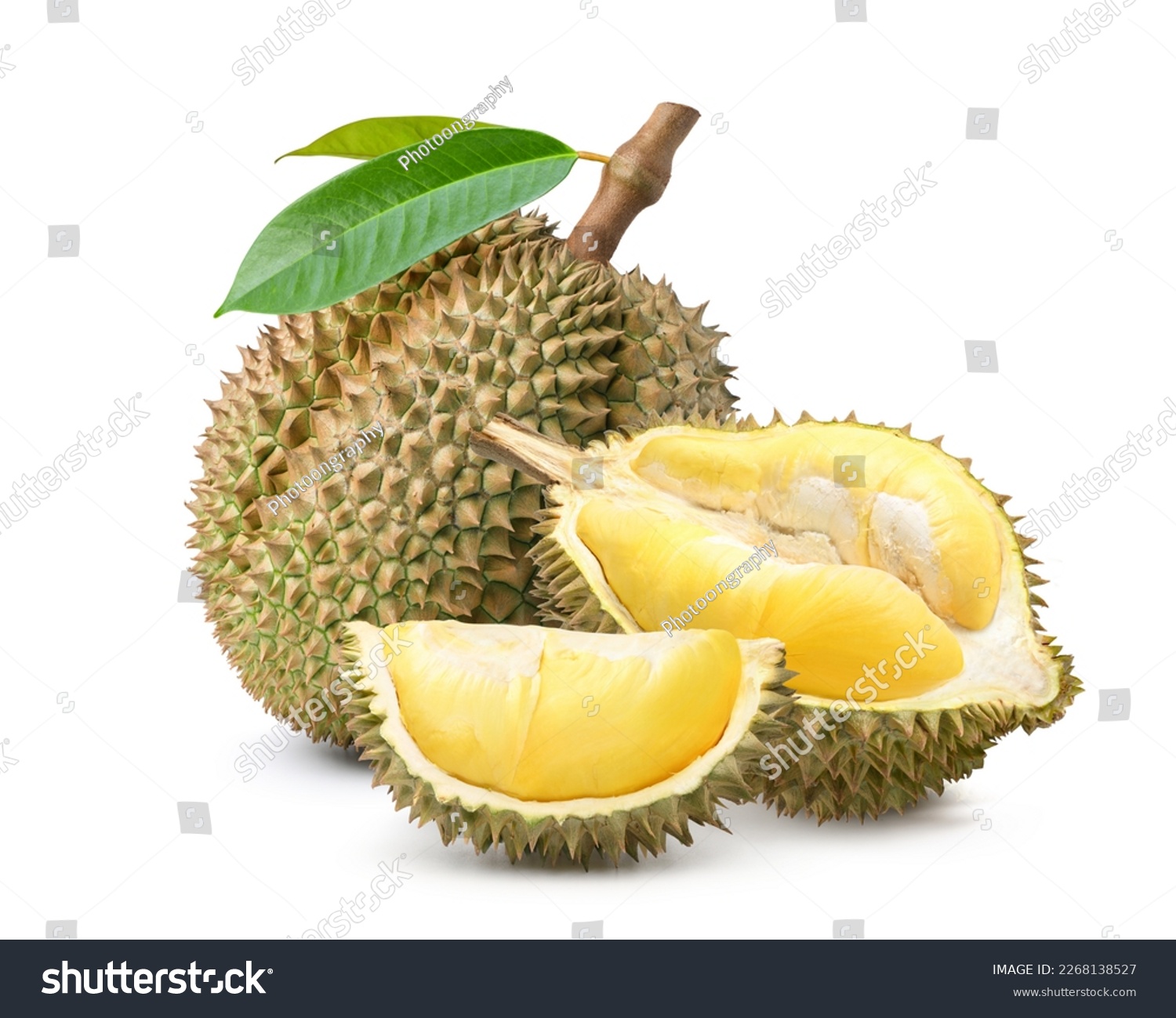 Durian fruit with cut in half isolated on white background. Clipping path. #2268138527