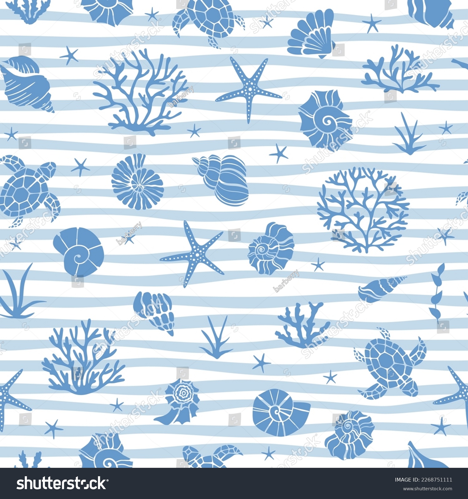 Blue seamless pattern with underwater life objects - seashells, starfish, corals, algae and sea turtles. #2268751111