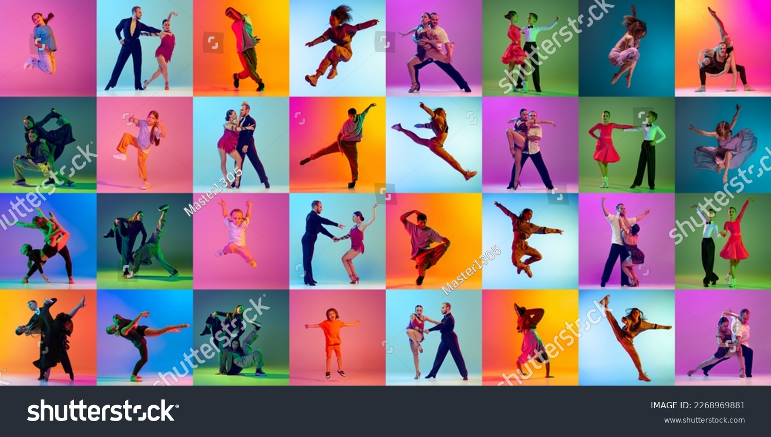 Collage. Children and adult people dancing different dance types,from classic to modernity over multicolored background in neon light. Ballroom and hip-hop. Concept of lifestyle, hobby, action, motion #2268969881