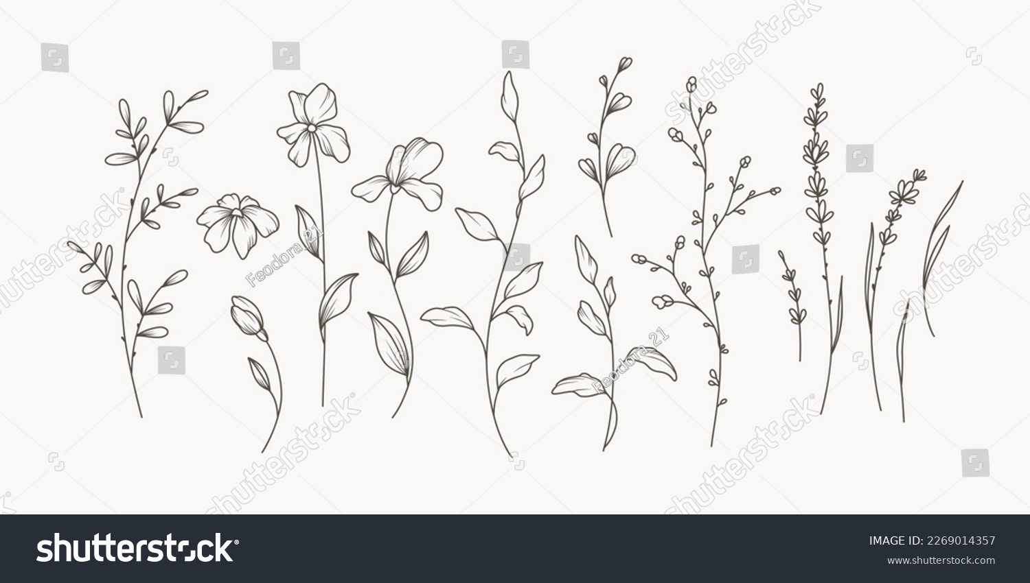 Hand drawn thin floral botanical line art. Trendy minimal elements of wild and garden plants, branches, leaves, flowers, herbs. Vector illustration for logo or tattoo, invitation save the date card #2269014357