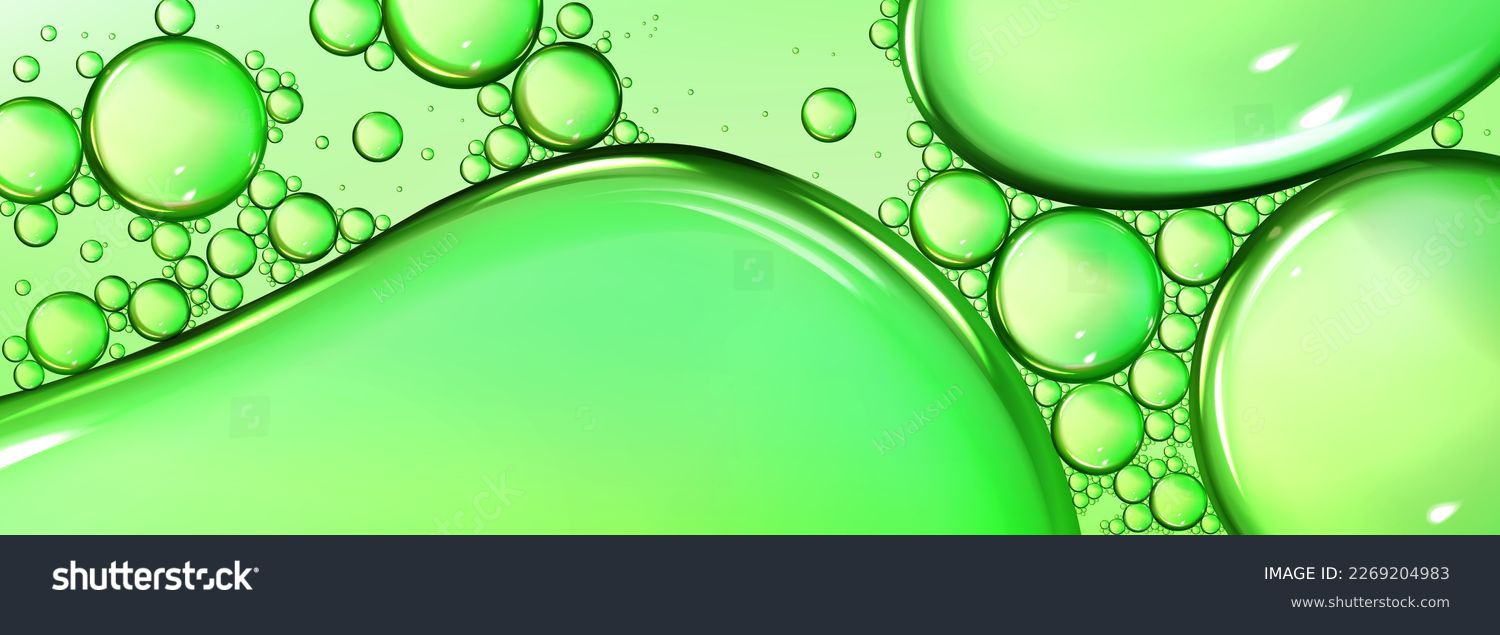 Green liquid oil bubble macro texture background. Realistic olive pattern vector. Abstract beauty soap with omega vitamin image. Skin collagen fresh drop on glass surface. Clean gel view banner. #2269204983