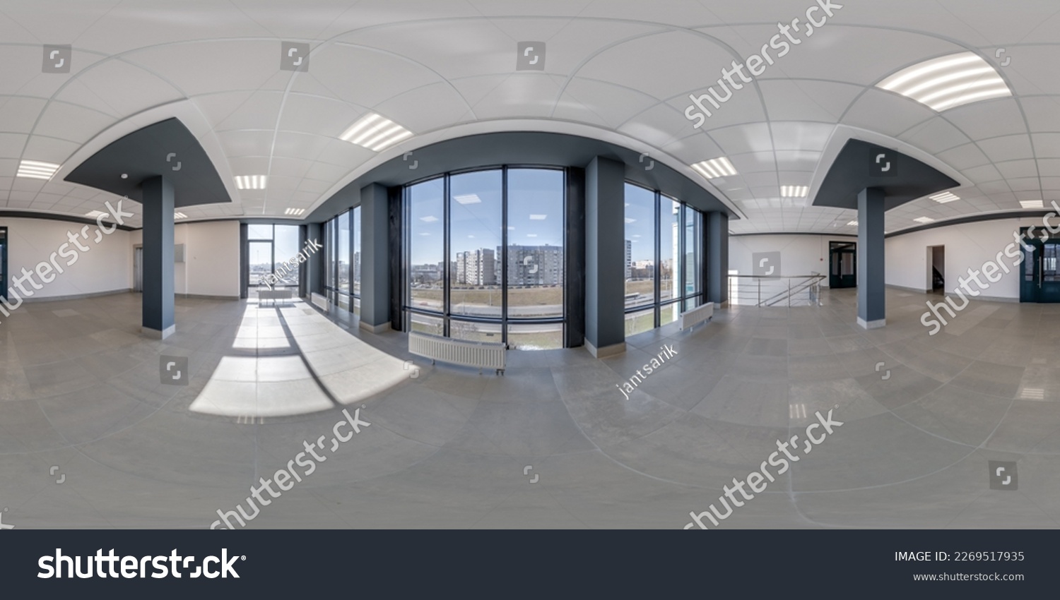 full seamless spherical hdri 360 panorama view in empty modern hall with columns, doors and panoramic windows in equirectangular projection, ready for AR VR content #2269517935