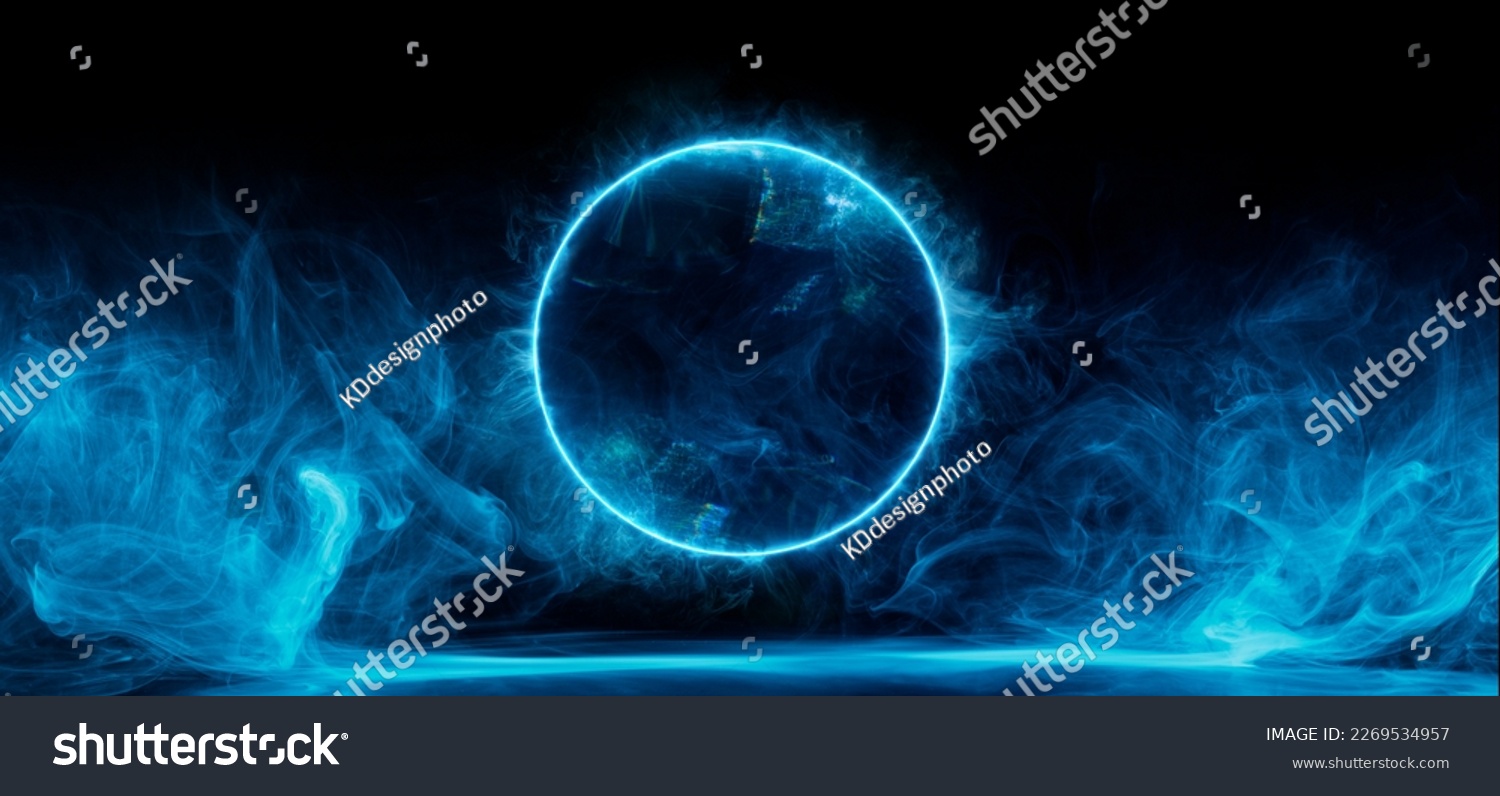 Neon blue color geometric circle on a dark background. Round mystical portal. Mockup for your logo. Futuristic smoke. Mockup for your logo. #2269534957