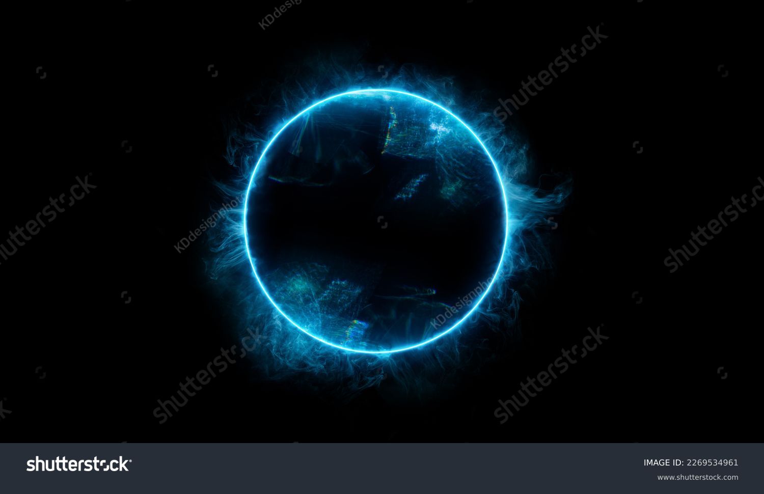 Neon blue color geometric circle on a dark background. Round mystical portal. Mockup for your logo. Futuristic smoke. Mockup for your logo. #2269534961