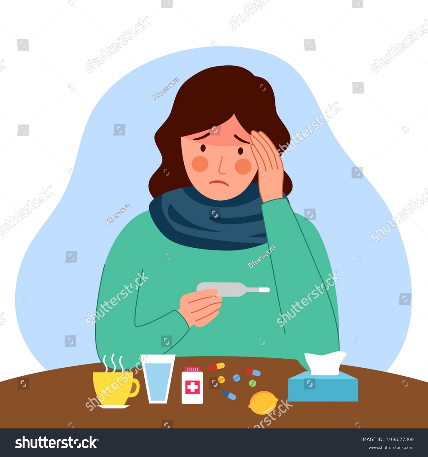 Woman suffering from flu or cold. She has fever and reading thermometer with tissue paper and medicine on table. Flu or cold allergy symptom. #2269677369