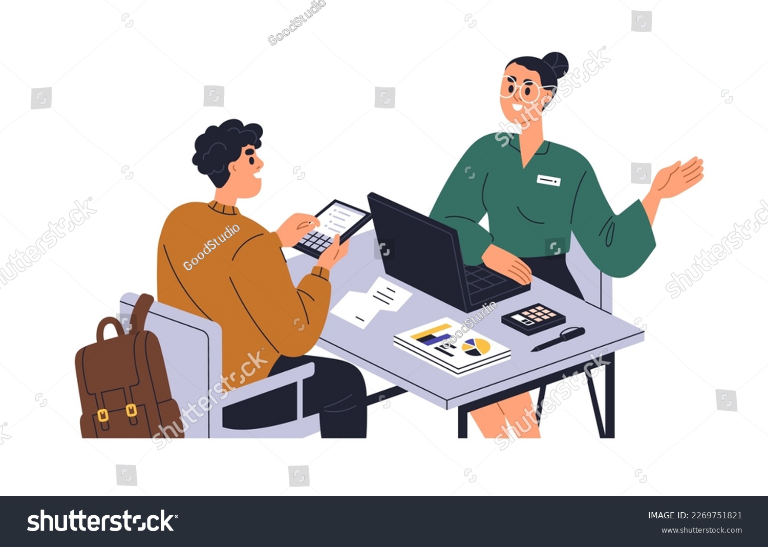 Financial advisor, bank consultant helping, consulting client on finance analysis, tax law. Adviser and person during consultation. Flat graphic vector illustration isolated on white background #2269751821
