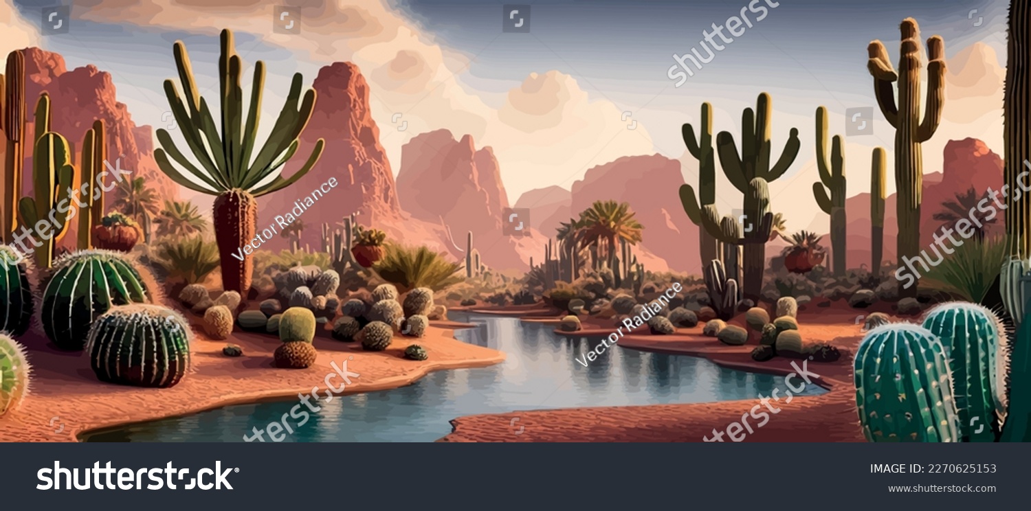 A desert oasis with cacti and flowers growing around a stream of water. Cinematic digital artwork illustration of a desert landscape at sunset. Scenic wild west aesthetic art vector illustration. #2270625153