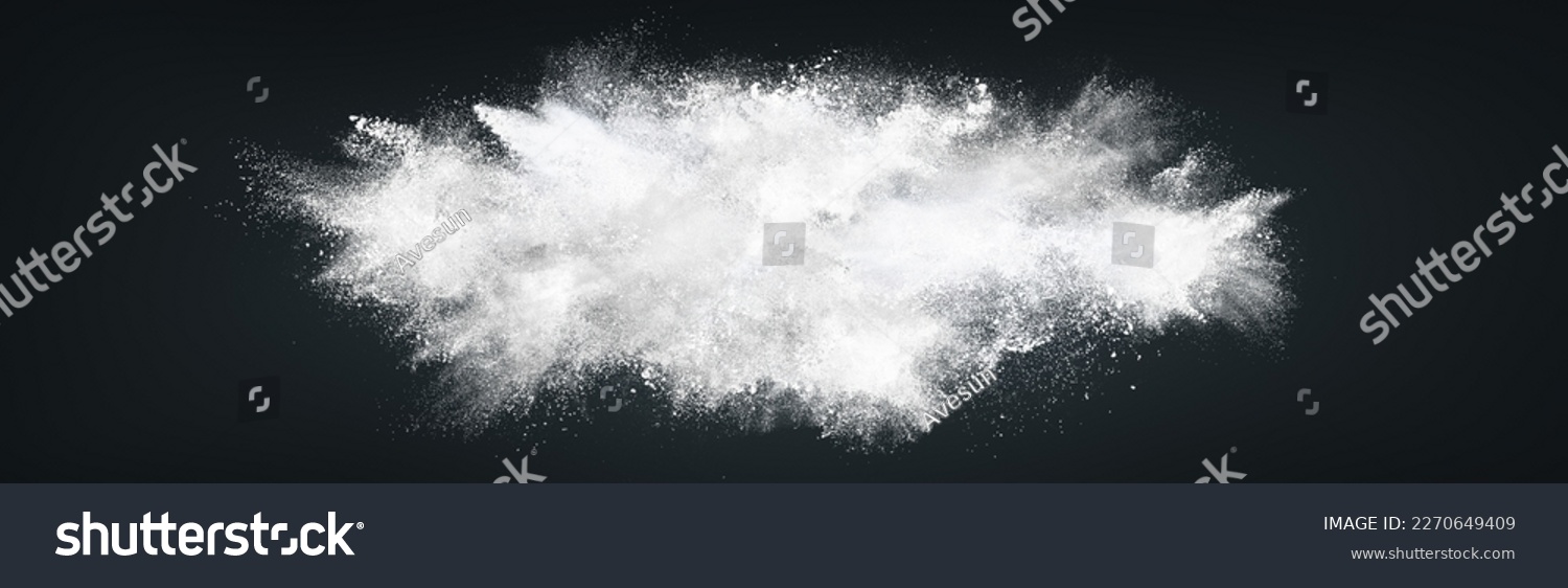 Abstract wide horizontal design of white powder snow cloud explosion on dark background #2270649409