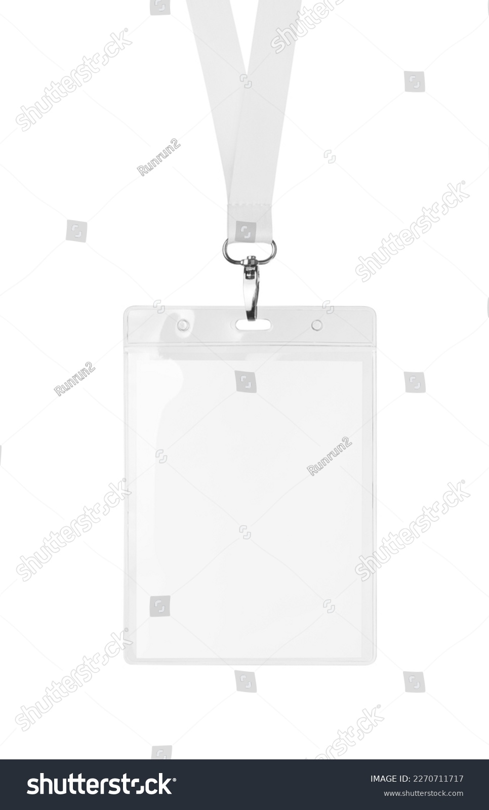 Transparent badge mockup isolated on white background. Plain empty name tag mock up with white string. #2270711717