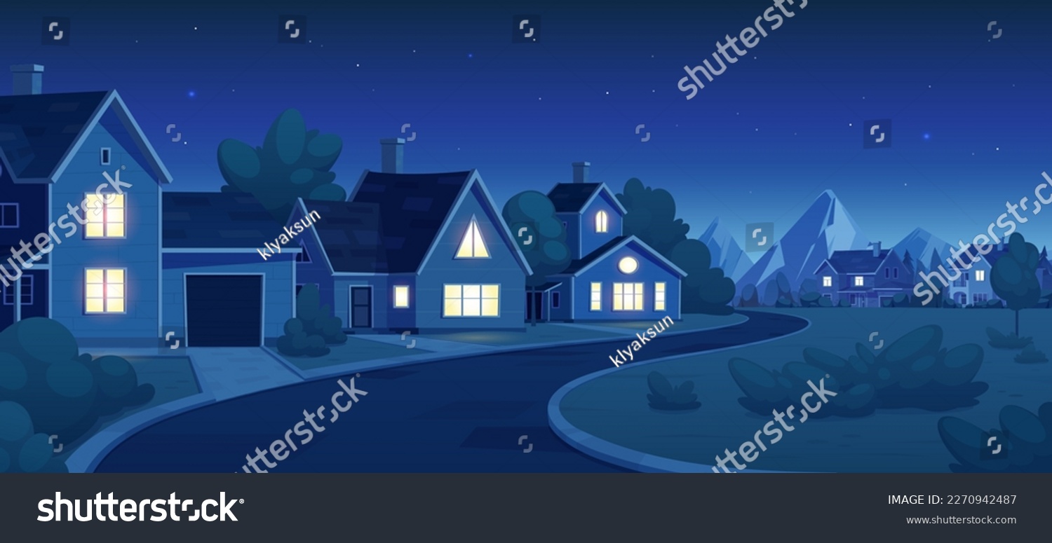 Empty suburban street with house at night landscape. Neighborhood residential house illustration dark background. Home in small town with stars in sky. Road through village and building in evening. #2270942487