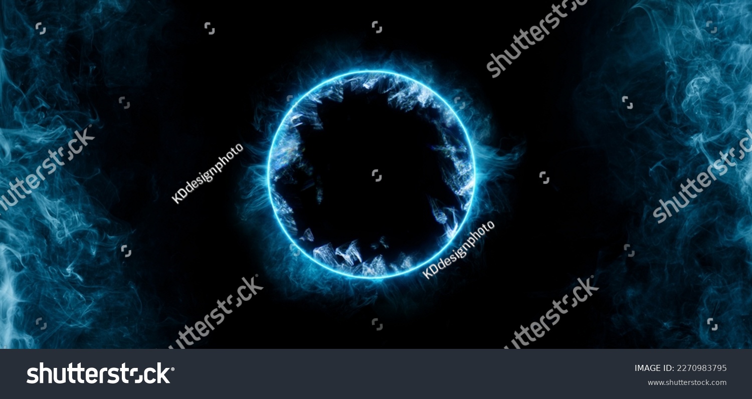 Neon blue color geometric circle on a dark background. Round mystical portal. Mockup for your logo. Futuristic smoke. Mockup for your logo. #2270983795