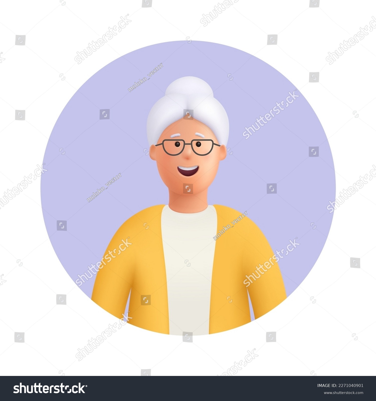 Smiling old woman, senior lady avatar. Grandmother wearing glasses, with grey hair. 3d vector people character illustration. Cartoon minimal style. #2271040901