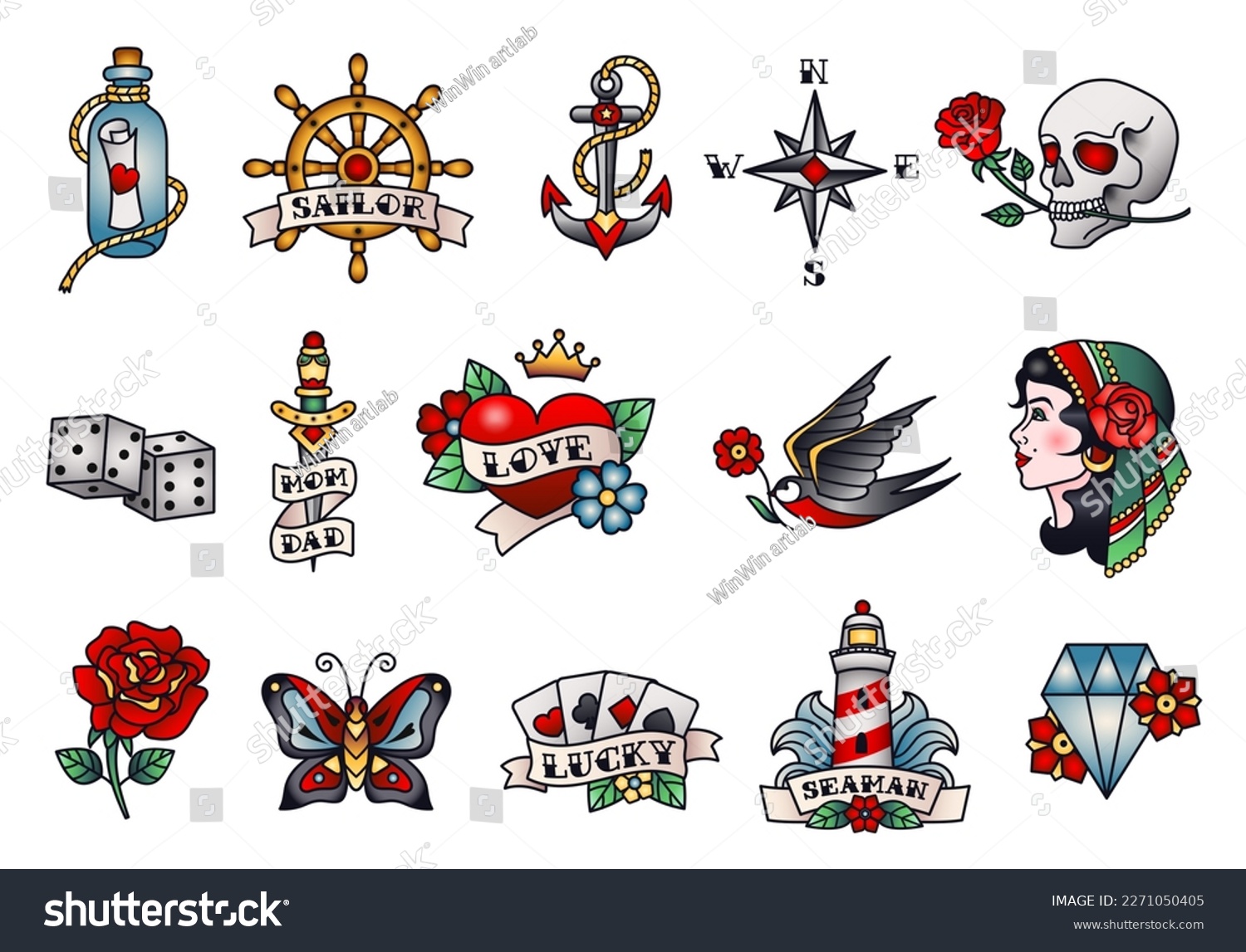 Old school tattoos. American or western traditional tattoo designs, sailor tattooing style vector Illustration set. Bottle with love letter, playing cards for luck, nautical anchor, romantic elements #2271050405
