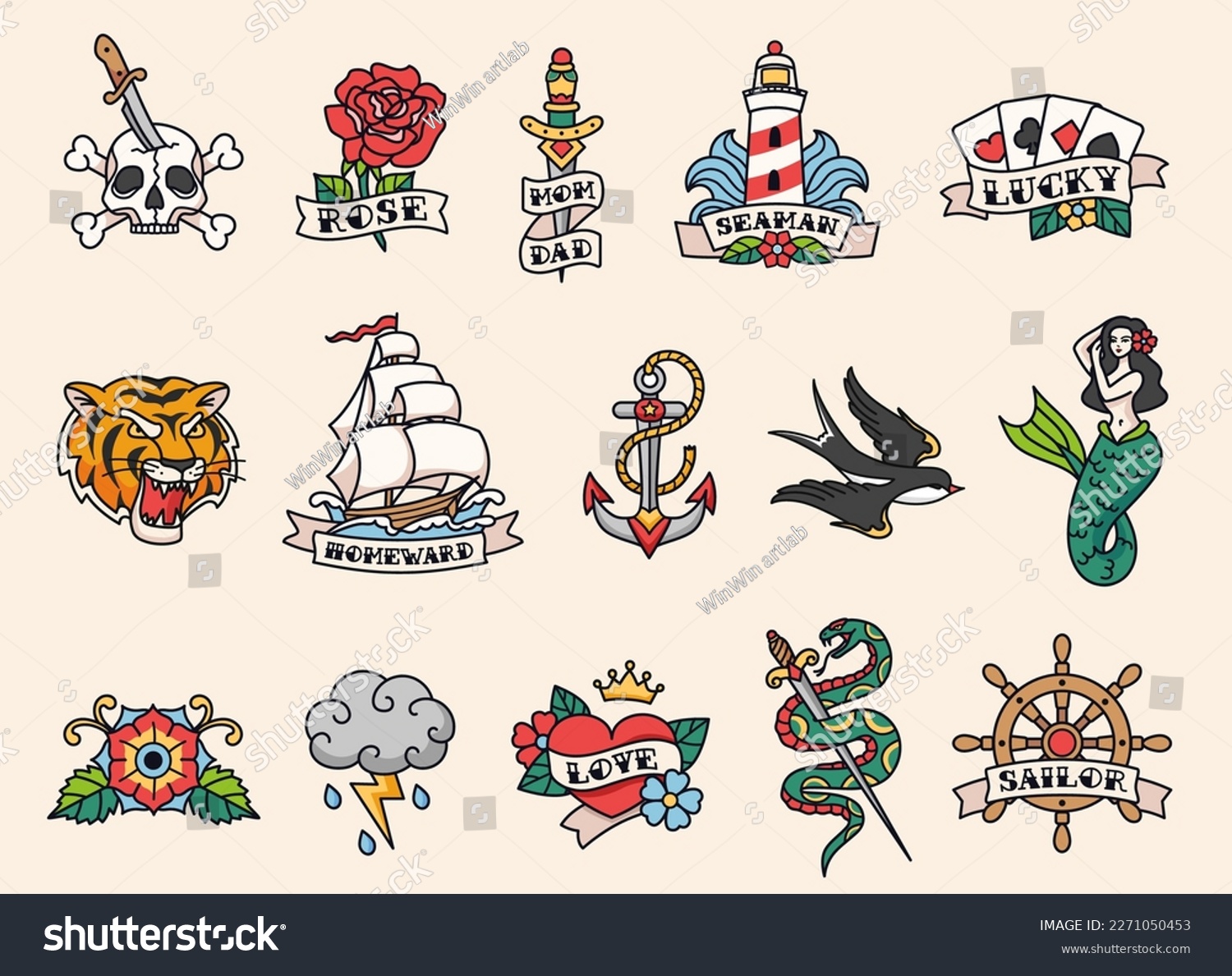 Sailor tattoo designs. Old school tattooing style, american traditional color tattoos with bold black outlines. Hand drawn vector illustration set. Colorful stickers as mermaid, rose and lighthouse #2271050453