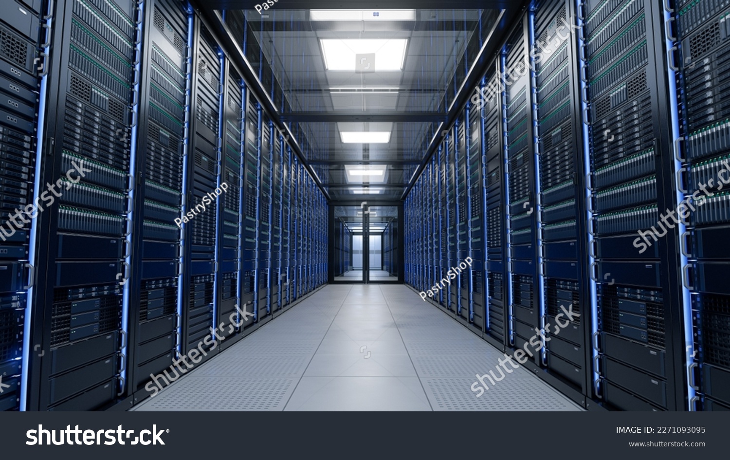Inside Large Data Center. Advanced Cloud Computing Concept. Corridor with Server Racks and Cabinets full of Hard Drives #2271093095
