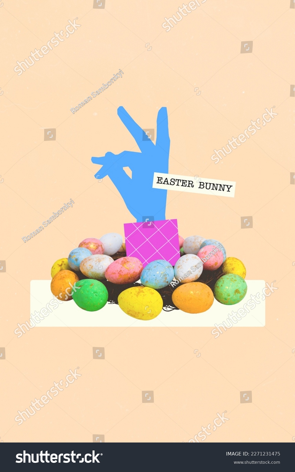 Collage 3d photo greeting picture card brochure of human arm collect colorful eggs isolated on drawing background #2271231475