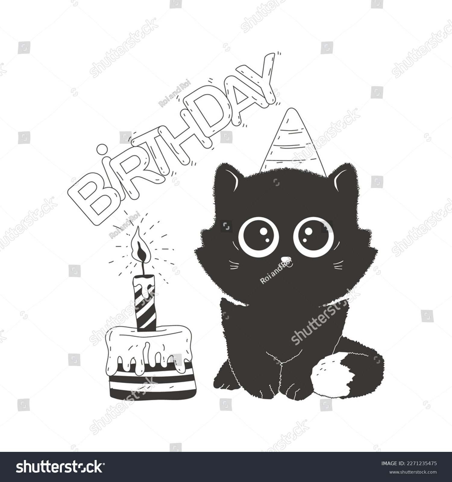 Cute black cat with birthday cake vector cartoon - Royalty Free Stock ...