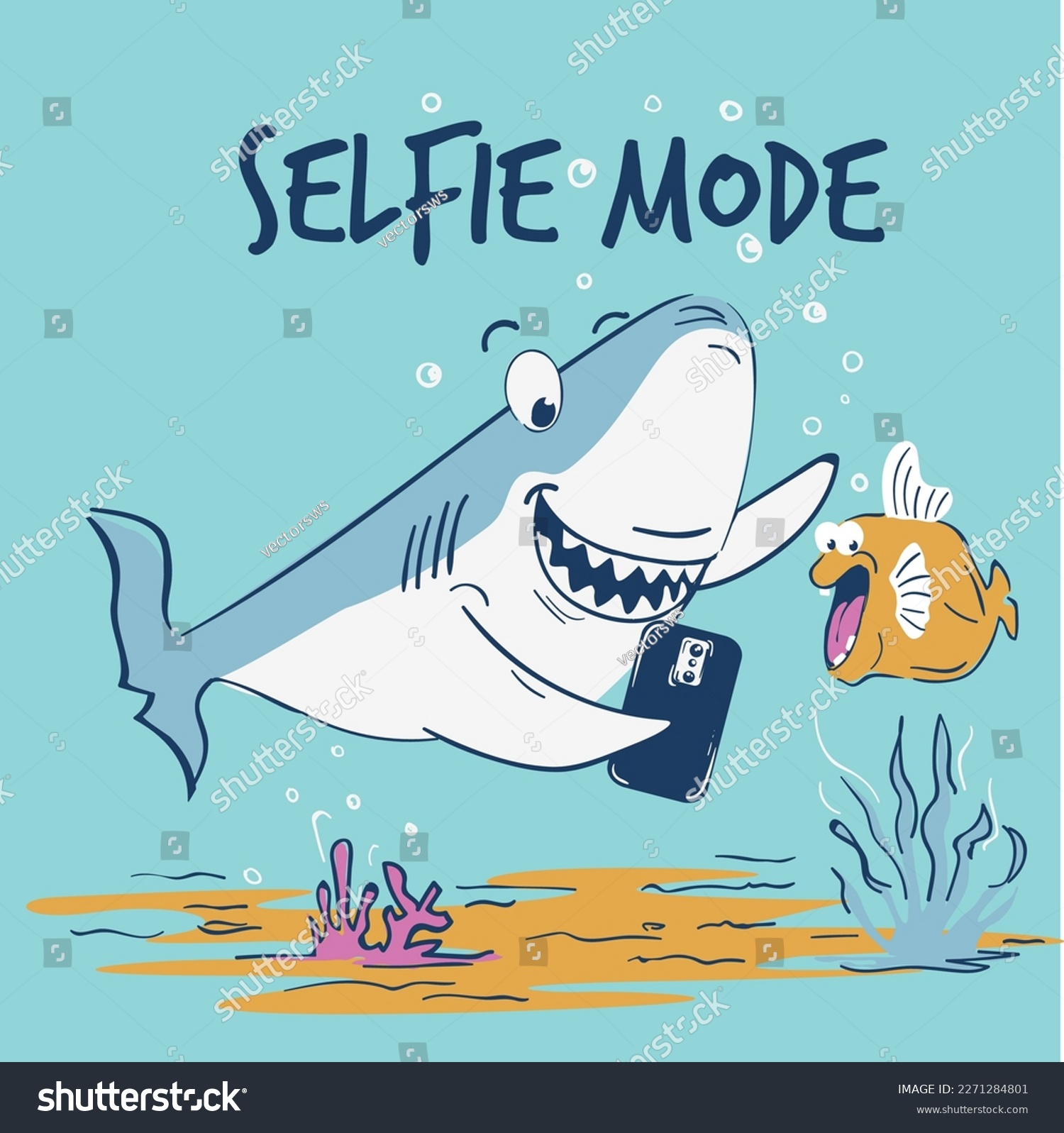 Cute cartoon shark. Shark with fish takes selfie - Royalty Free Stock ...