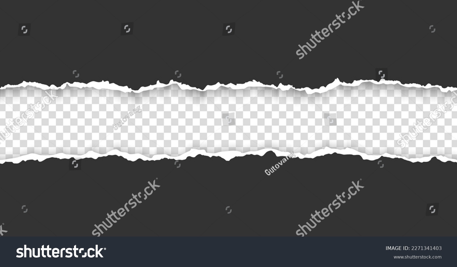 Realistic, torn, ripped strip of dark grey paper with a light shadow on a transparent background. Torn cardboard. #2271341403