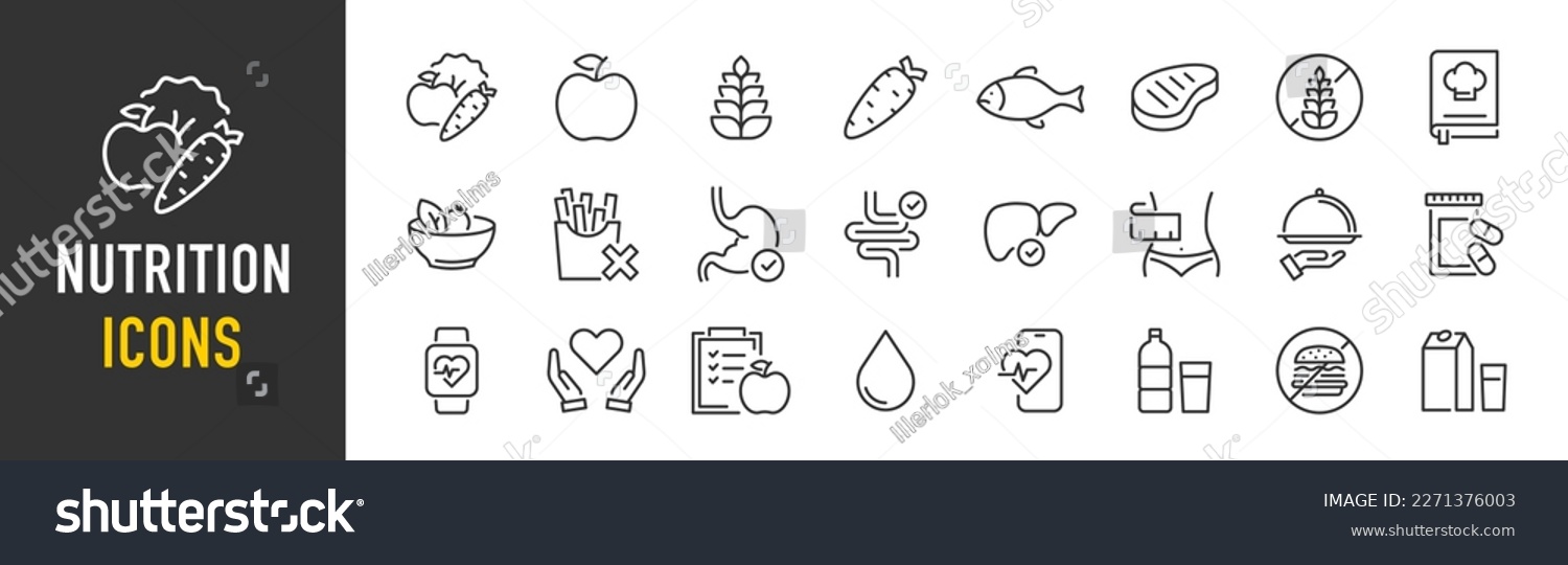 Nutrition web icon set in line style. Treatment, healthy food, health, diet, obesity, palm oil free, collection. Vector illustration. #2271376003