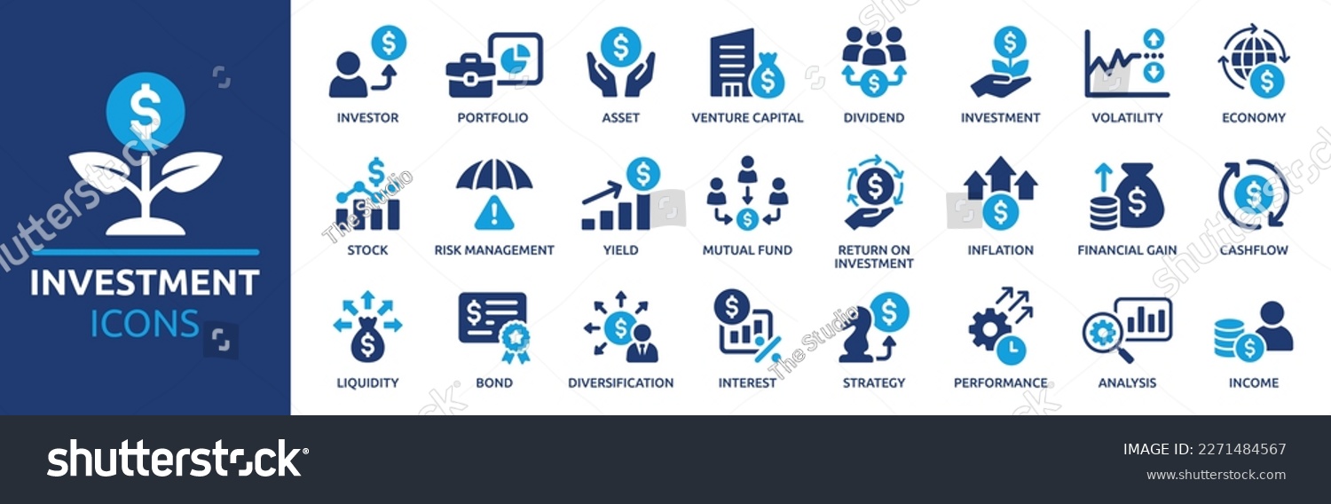 Investment icon set. Containing investor, mutual fund, asset, risk management, economy, financial gain, interest and stock icons. Solid icon collection. #2271484567