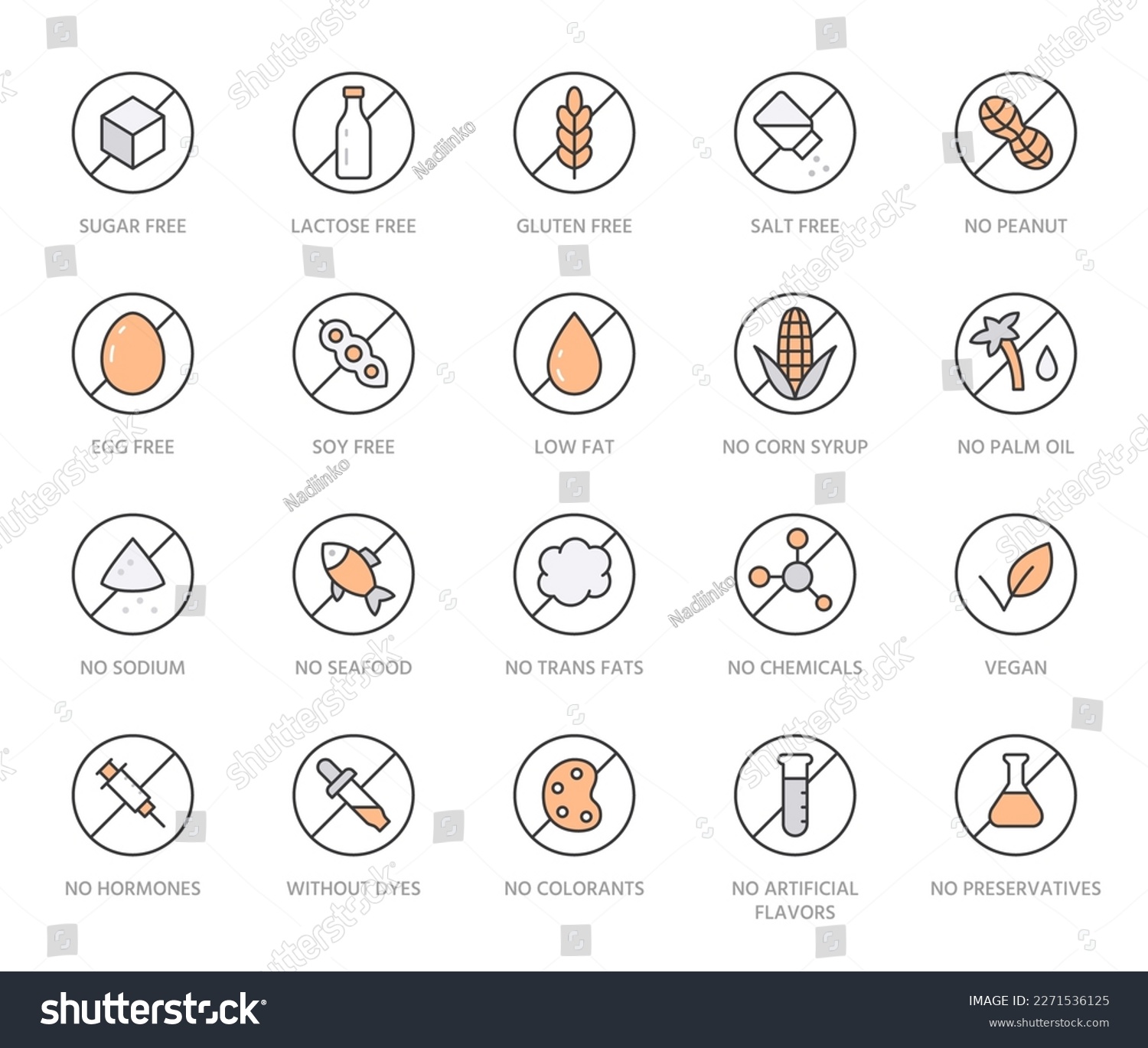 Food allergen line icon set. Gluten free, sugar, lactose, hormone, without peanut, no soy, trans fat minimal vector illustration. Simple outline sign for meal label. Orange color. Editable Stroke #2271536125