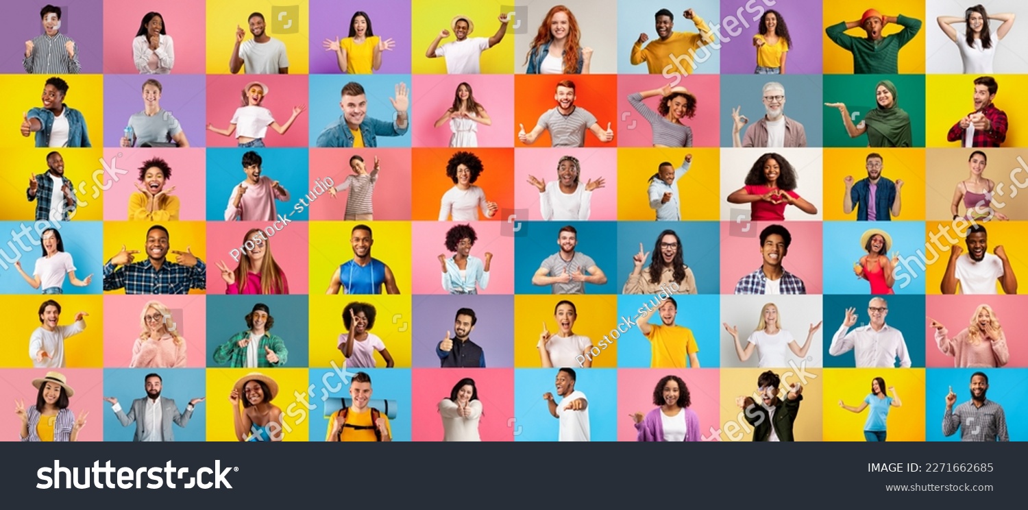 Glad excited millennial and mature international people gesticulate, laugh and show signs with hands isolated on colorful bright background. Surprise, joy, fun, success and victory, human emotions #2271662685