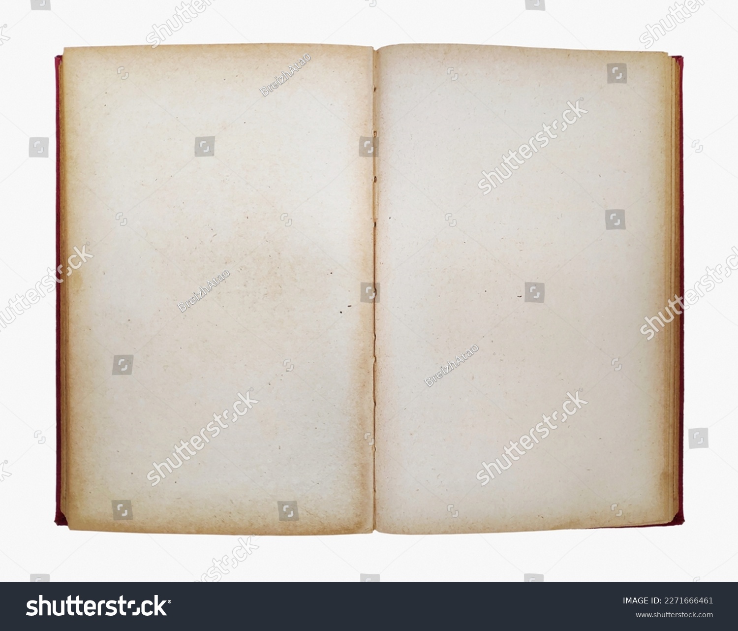 Old red book opened with copy space isolated on white background. #2271666461