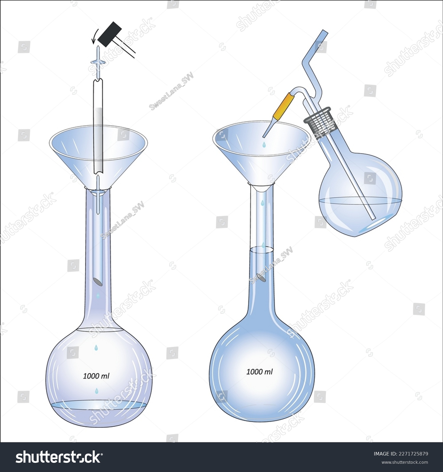 2d illustration of a chemical experiment: the process of preparing a fixanal solution in two volumetric flasks using a funnel and hammer, a glass striker and a flask with distilled water for washing #2271725879
