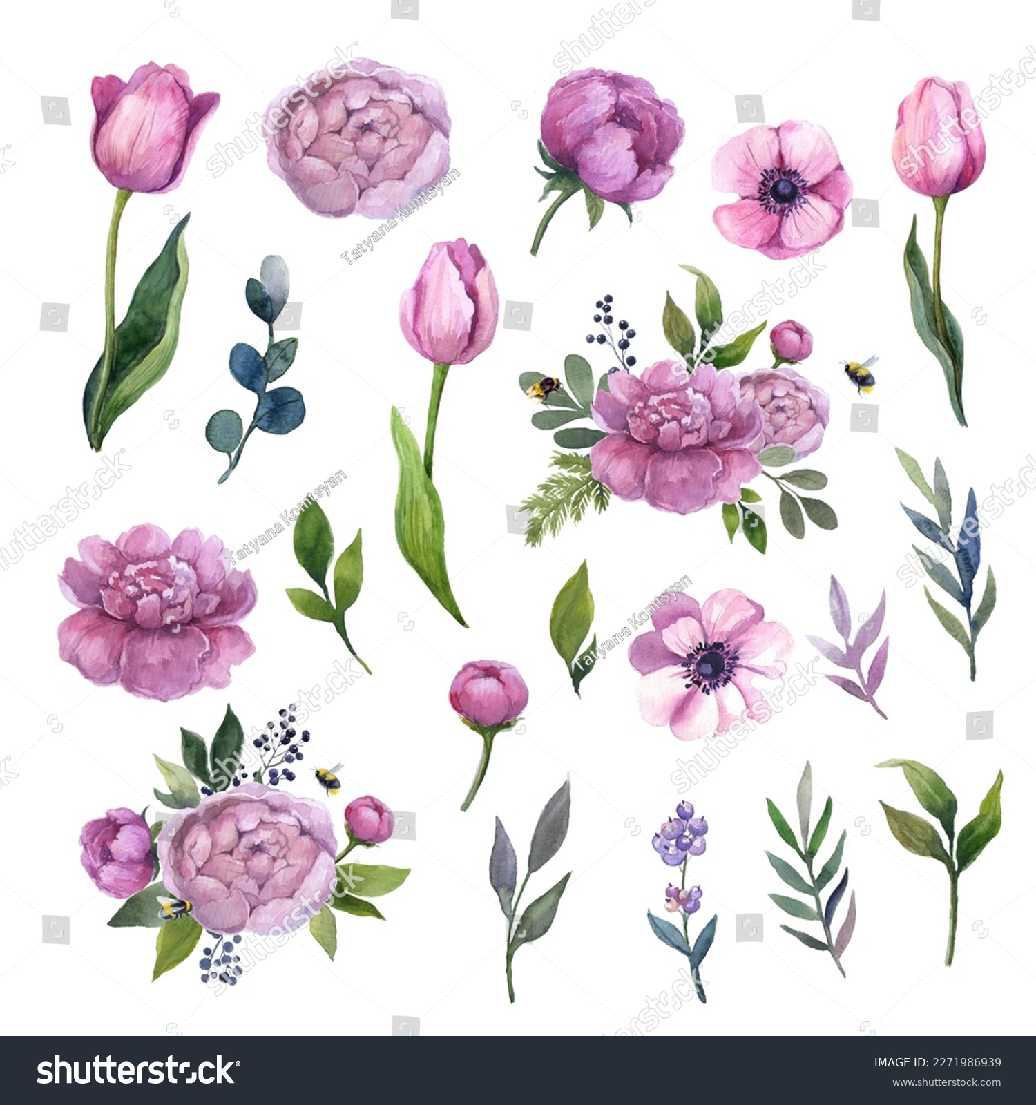 Watercolor pink flowers set on the white background #2271986939