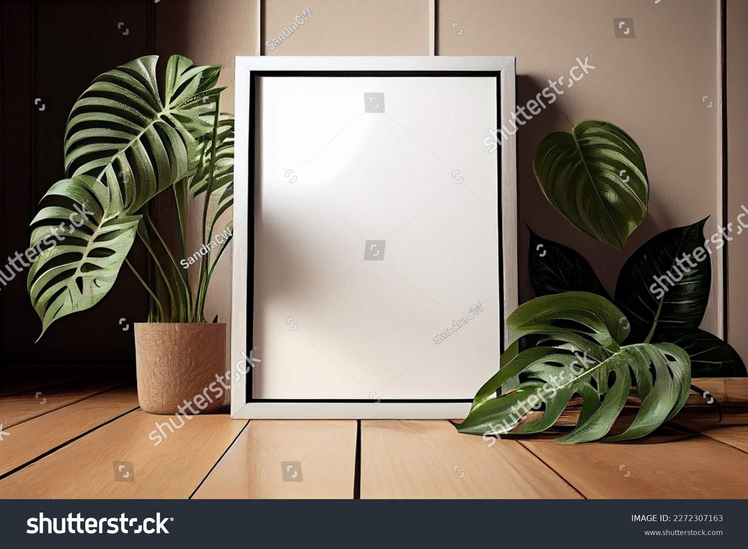 Creative mockup concept. Empty clear photo frame on boho table top and monstera leaf plants. Mock up frame for display or montage of product or design. copy space. view	
 #2272307163