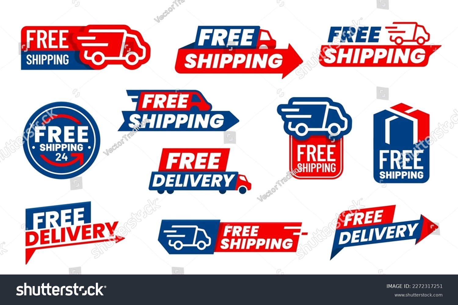 Free delivery icons, truck and arrow for shipping or courier service vector 24 hours express order symbols. Free delivery stickers with van car and parcel box or mail package for express shipping #2272317251