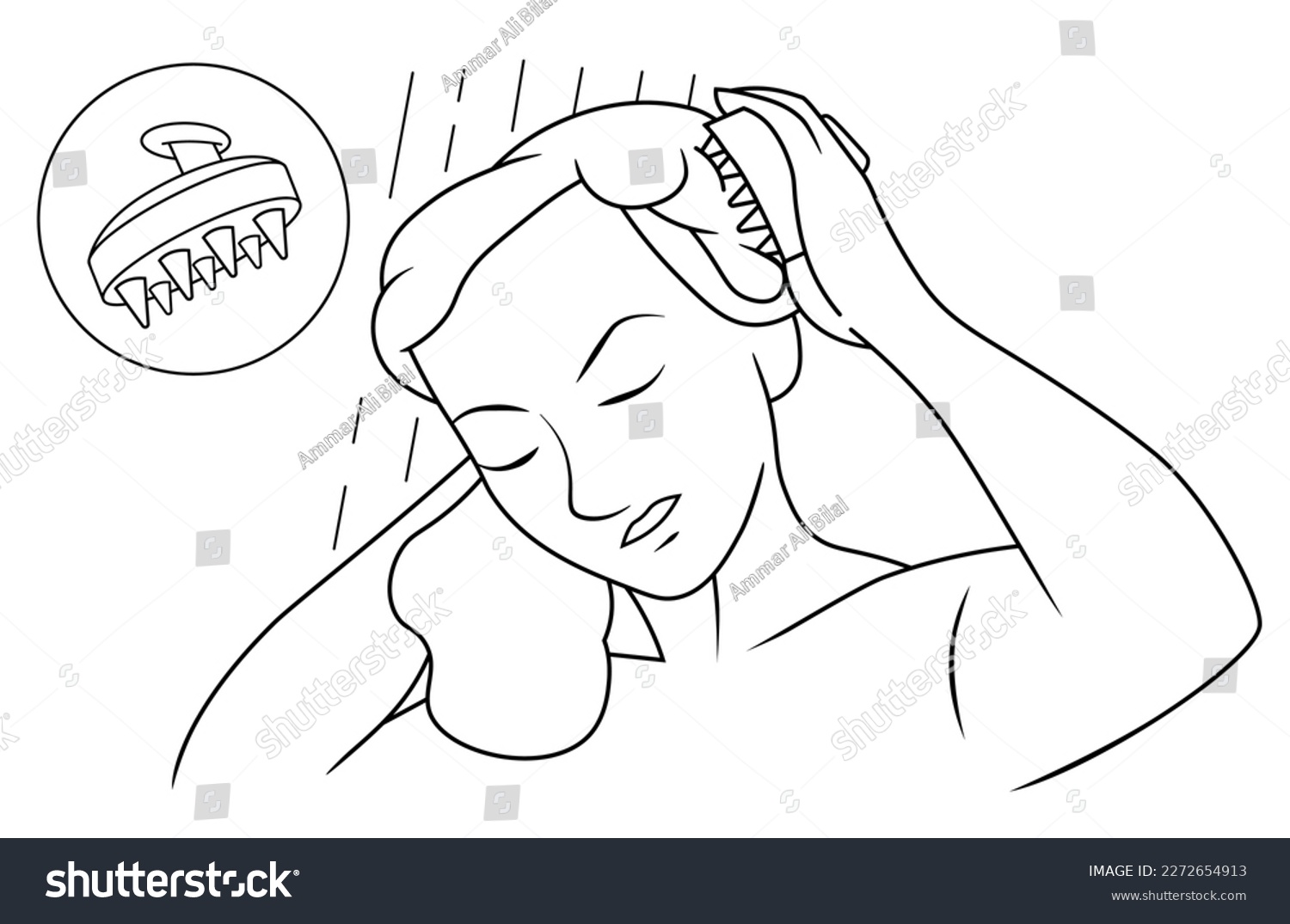 Girl taking a shower and using a scalp massager - Royalty Free Stock ...