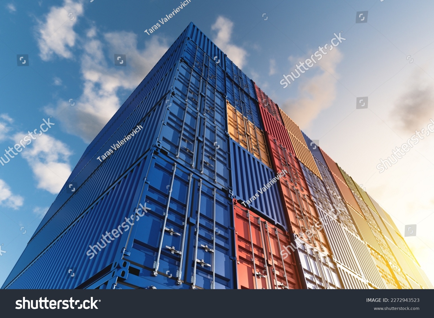 Warehouse of stacked cargo standard containers for temporary storage, loading, unloading and sorting at the container point. The concept of cargo transportation. #2272943523